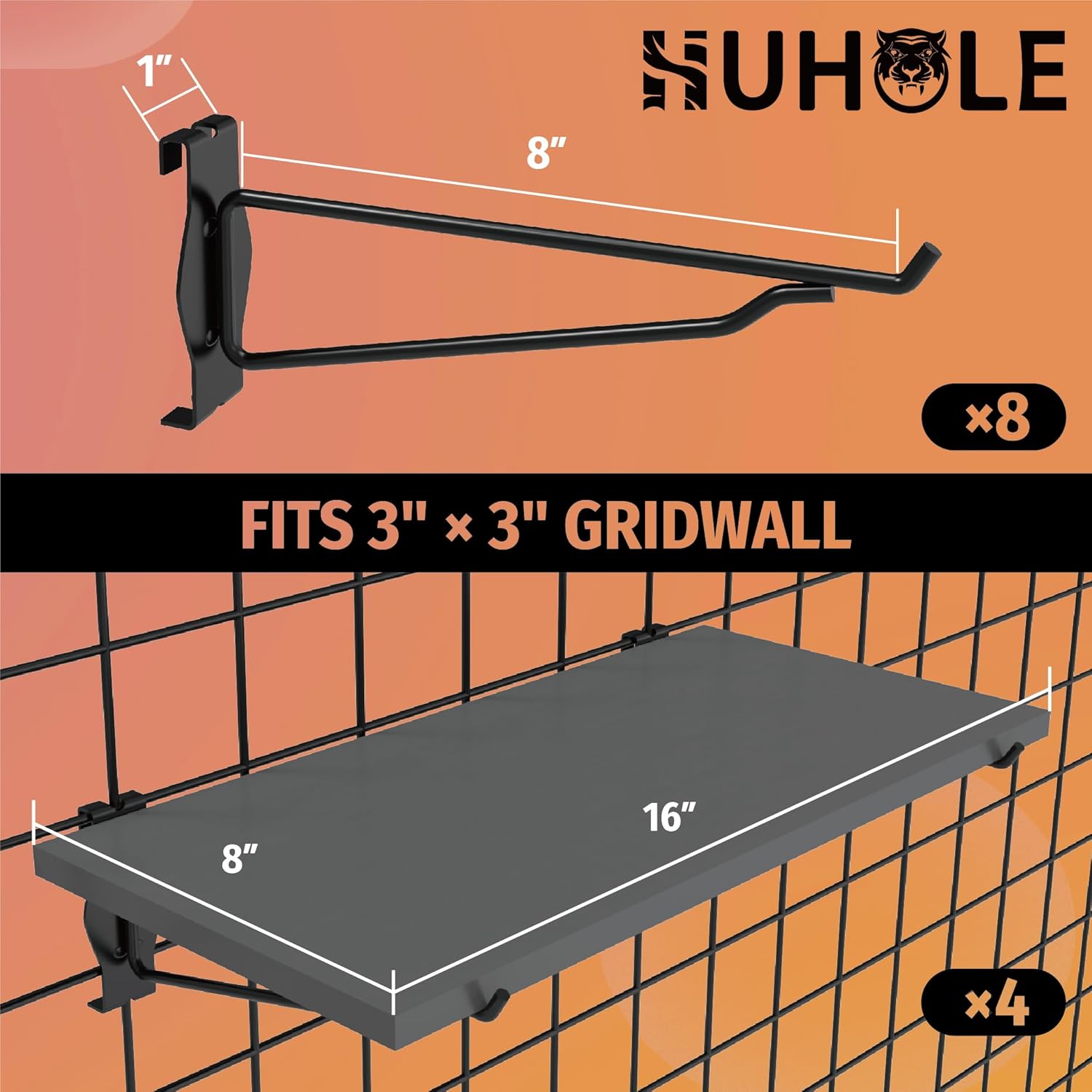 HUHOLE Gridwall Shelves 4 Pack, 16"x 8" Wooden Grid Wall Shelves,12pc Gridwall Accessories