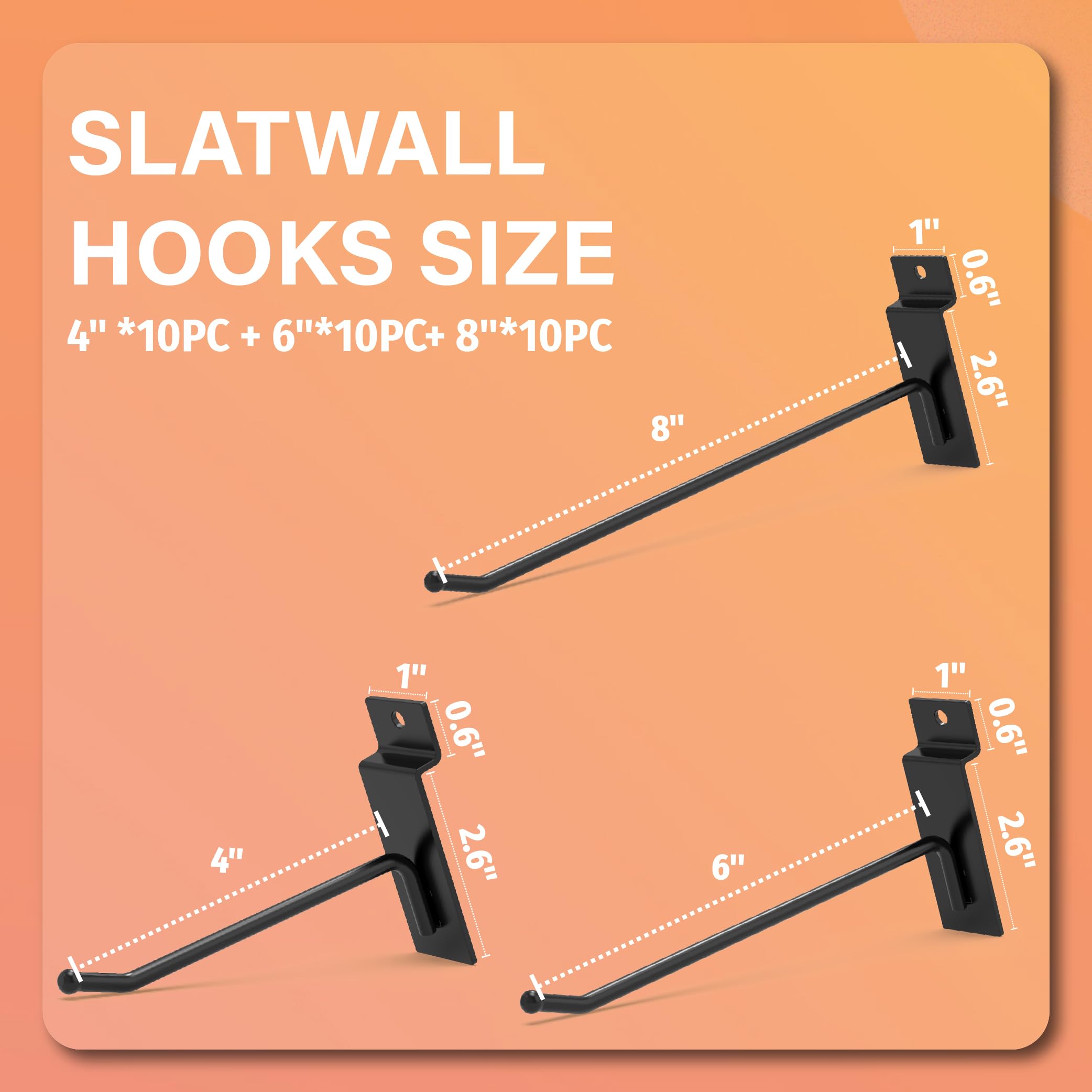 HUHOLE Slatwall Hooks 4-12 Inch 32PC Black, Thick Metal Slat Wall Hanging Hooks