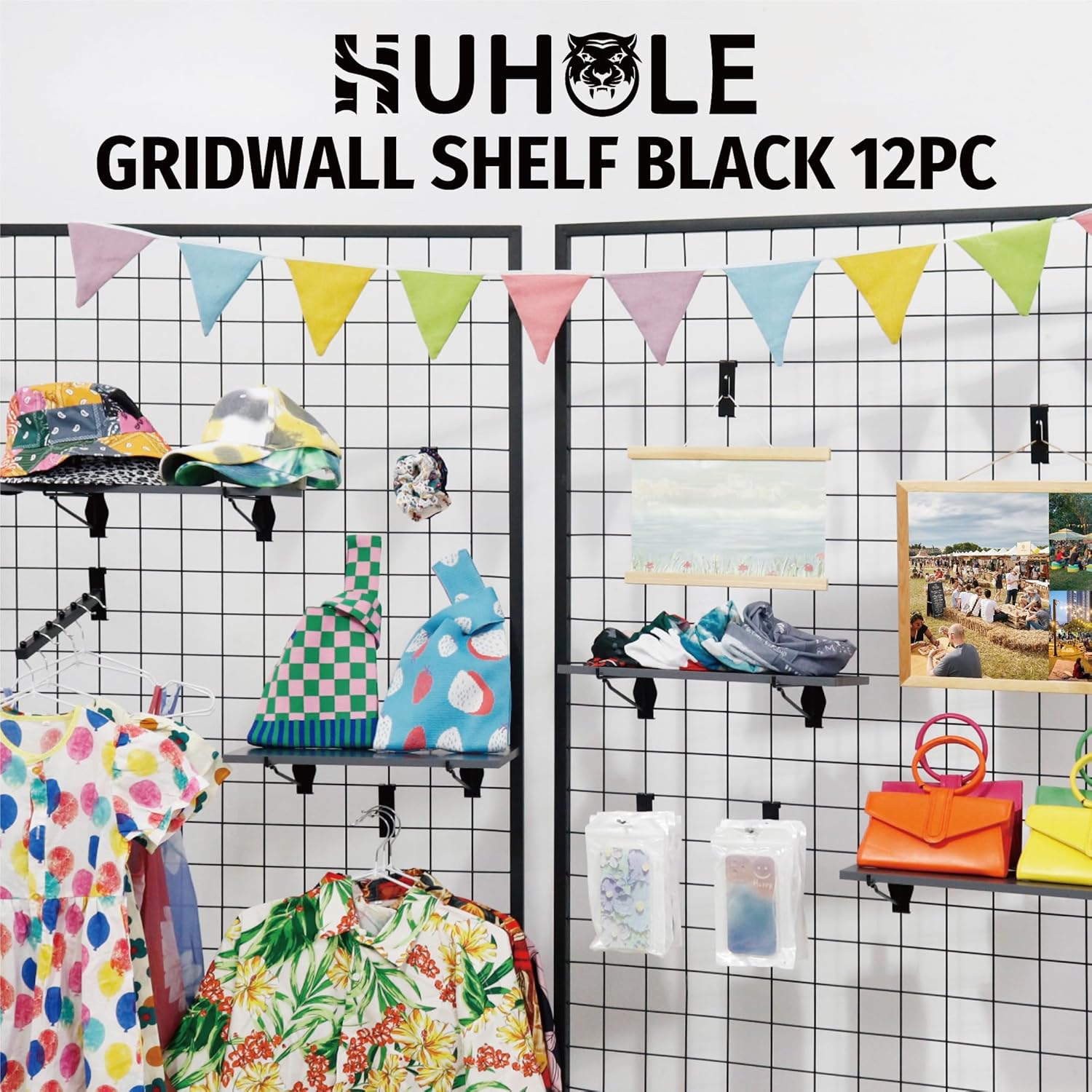 HUHOLE Gridwall Shelves 4 Pack, 16"x 8" Wooden Grid Wall Shelves,12pc Gridwall Accessories