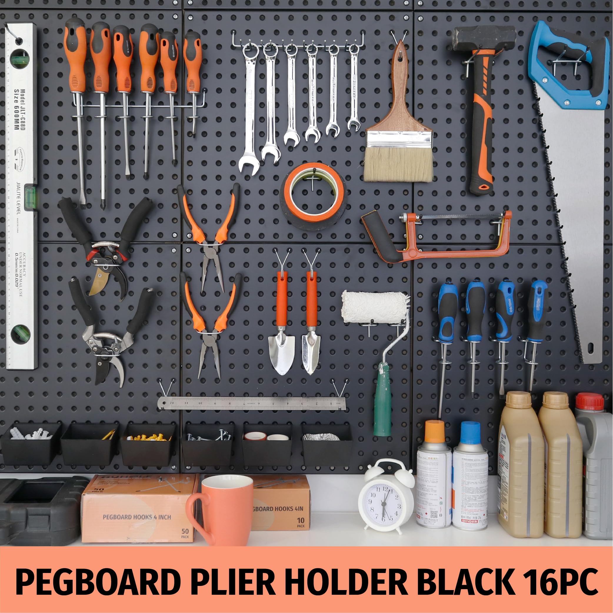 HUHOLE Pegboard Plier Holders, Black/Silver Pegboard Hooks 16Pcs, Fit for 1/4", 3/16", 1/8" Pegboard