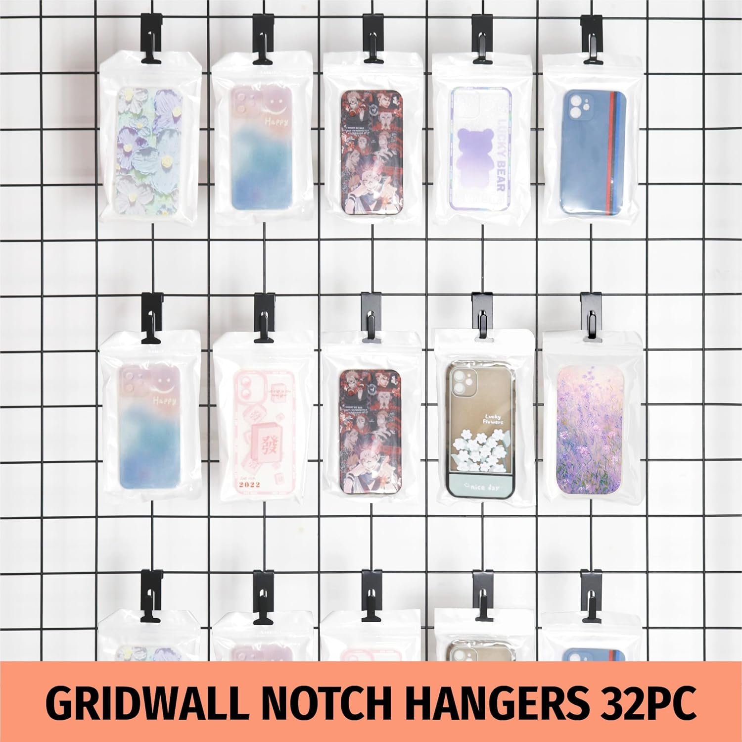 HUHOLE Black Gridwall Notch Hooks 32PC