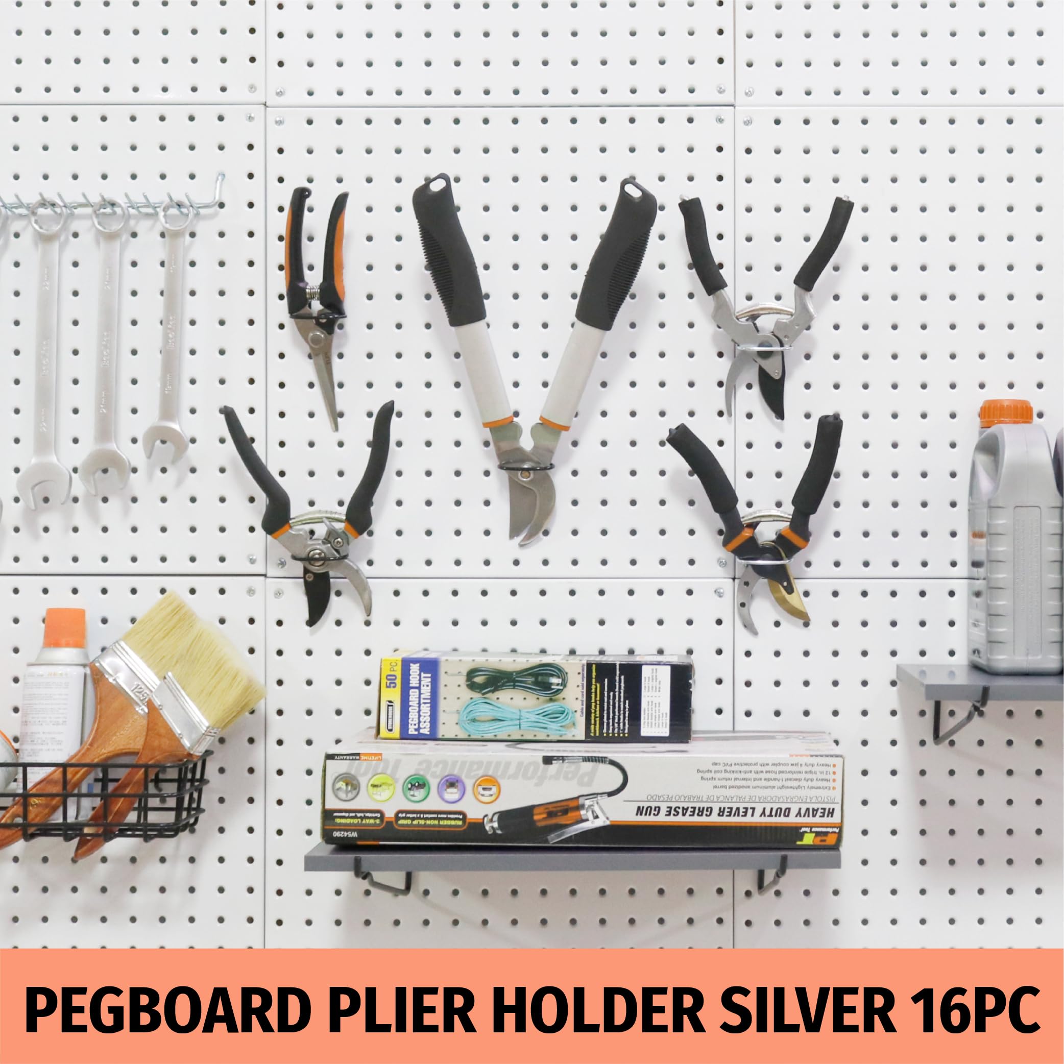 HUHOLE Pegboard Plier Holders, Black/Silver Pegboard Hooks 16Pcs, Fit for 1/4", 3/16", 1/8" Pegboard