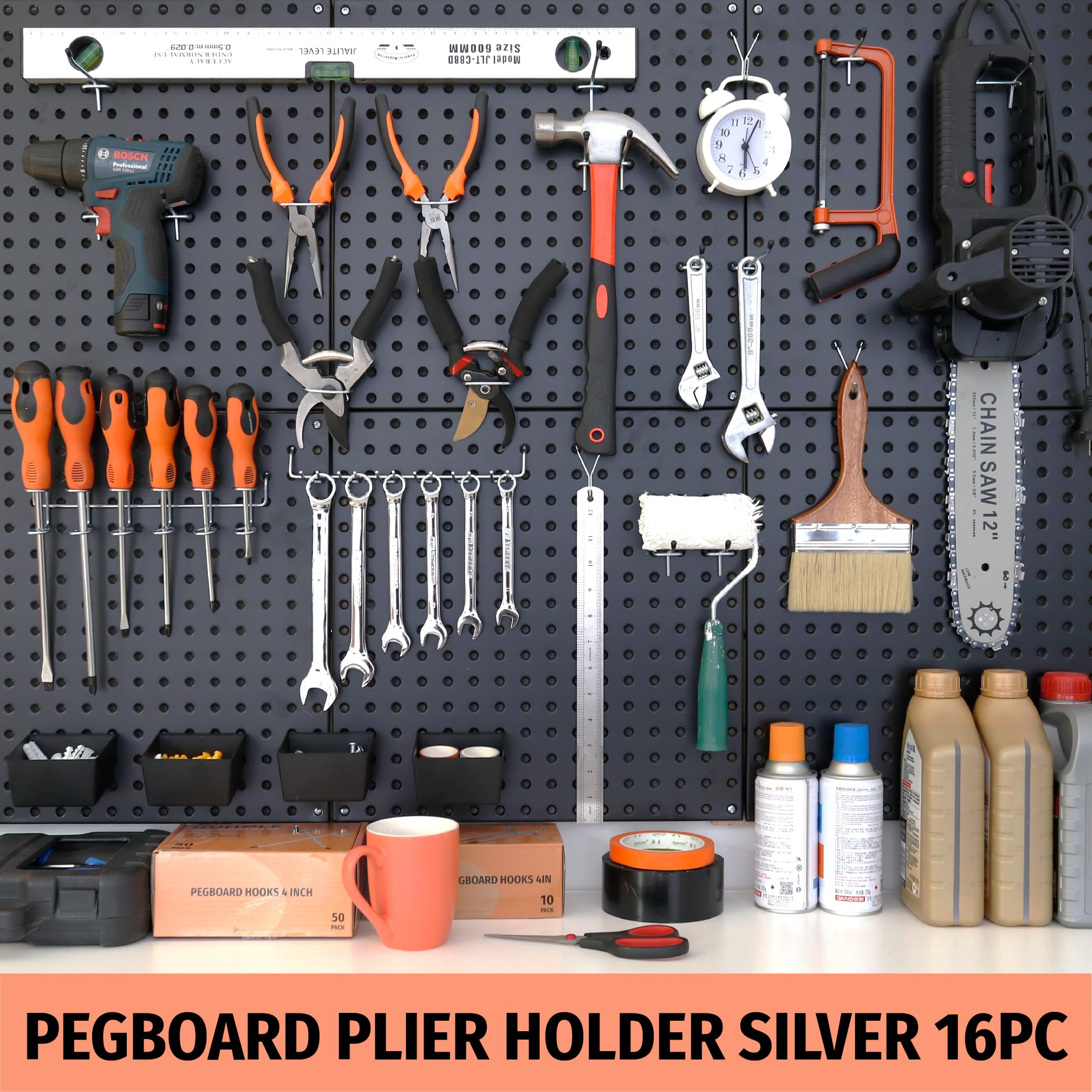 HUHOLE Pegboard Plier Holders, Black/Silver Pegboard Hooks 16Pcs, Fit for 1/4", 3/16", 1/8" Pegboard