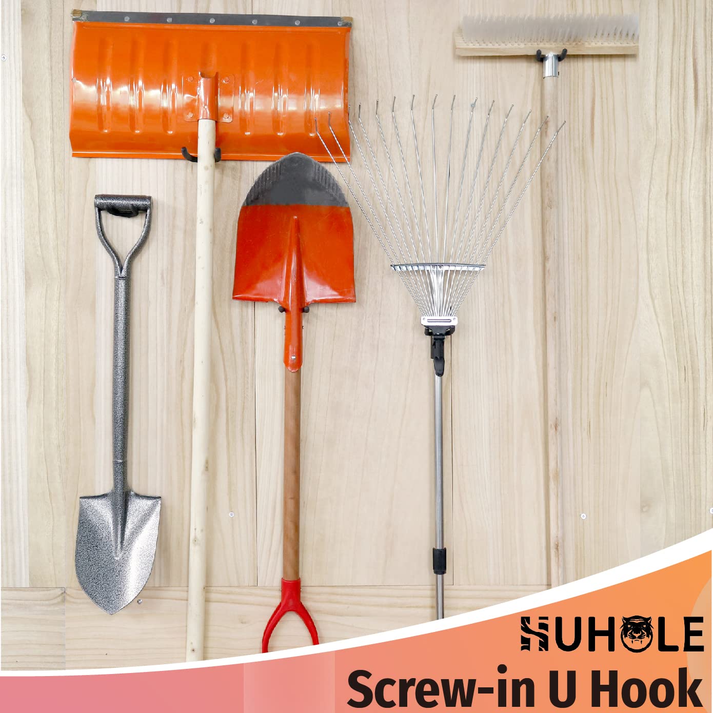 This image showcases Huhole's screw-in U-shaped hooks, which are designed to provide versatile storage solutions for a garage or workshop environment. The hooks are displayed alongside various gardening and landscaping tools, demonstrating their ability to accommodate a wide range of items.