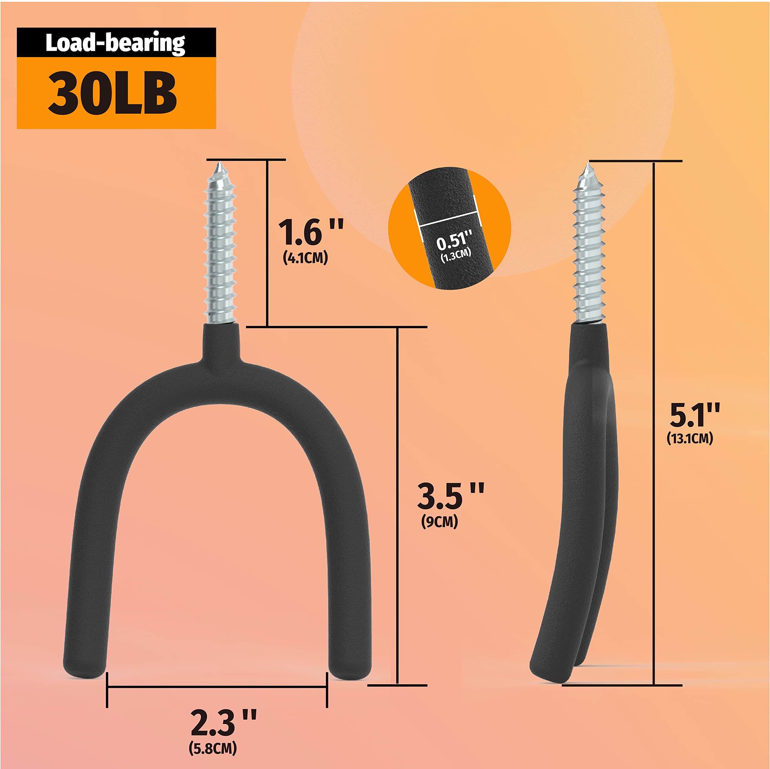 This image provides detailed dimensions and specifications for Huhole's pegboard hooks, highlighting their 30lb load-bearing capacity. The hooks are shown with key measurements, including a 5.1-inch length, 3.5-inch width, and 1.6-inch depth.