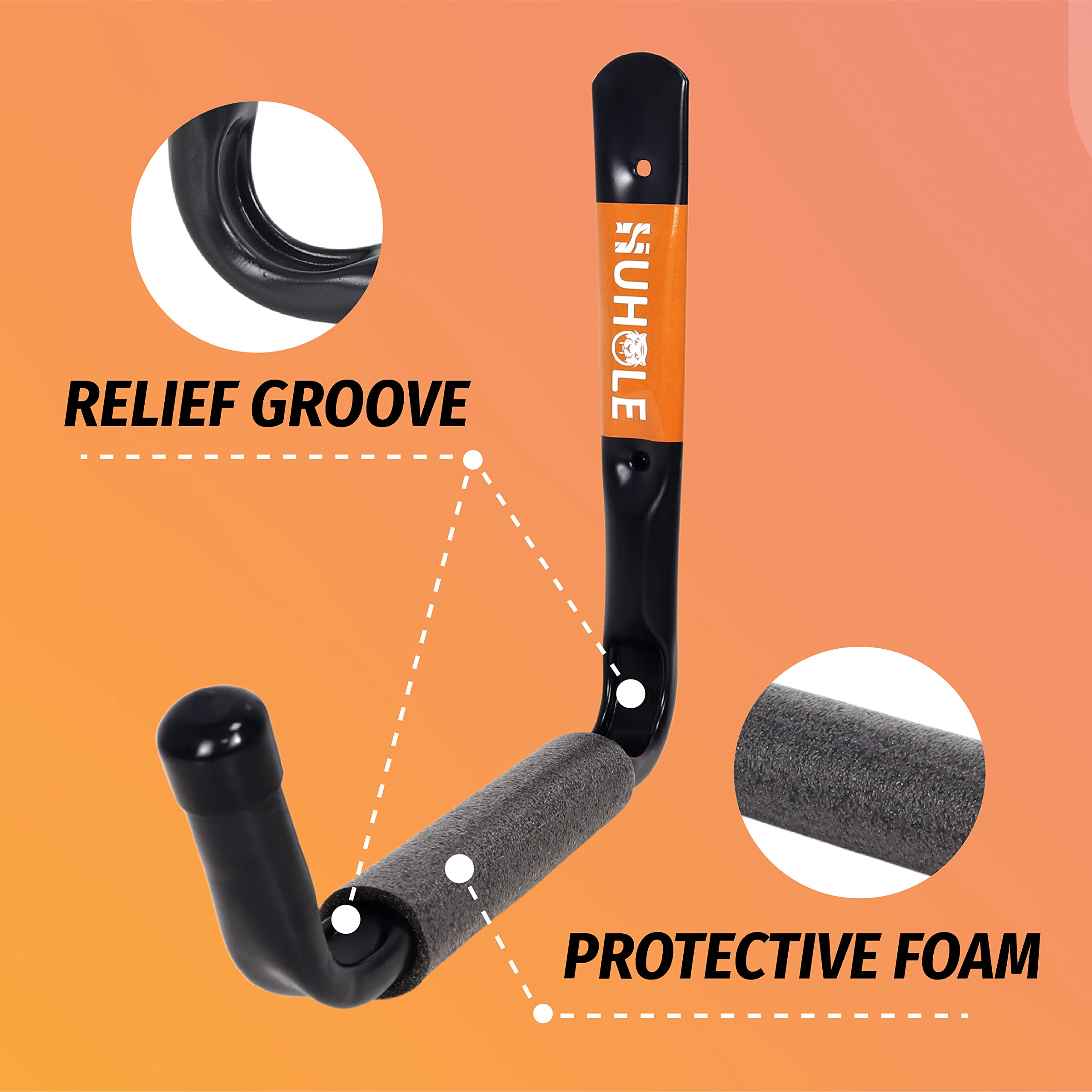 This image showcases a Huhole garage L-hook that features a relief groove and protective foam.