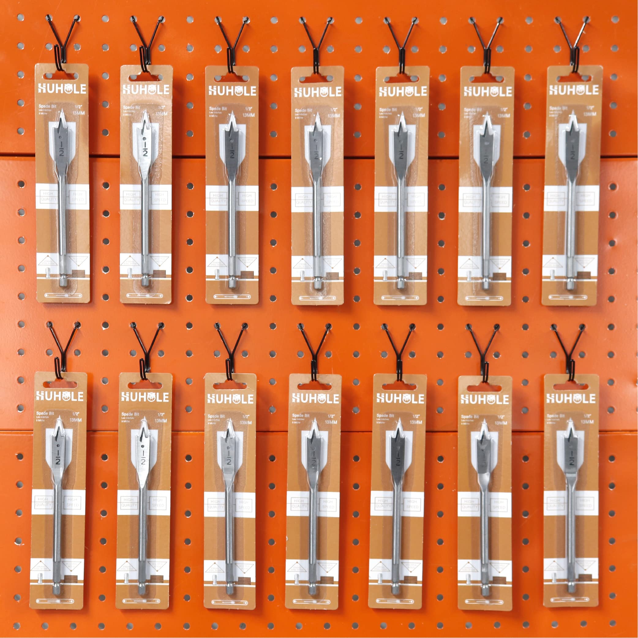 This image showcases an organized display of Huhole-style pegboard hooks and accessories.