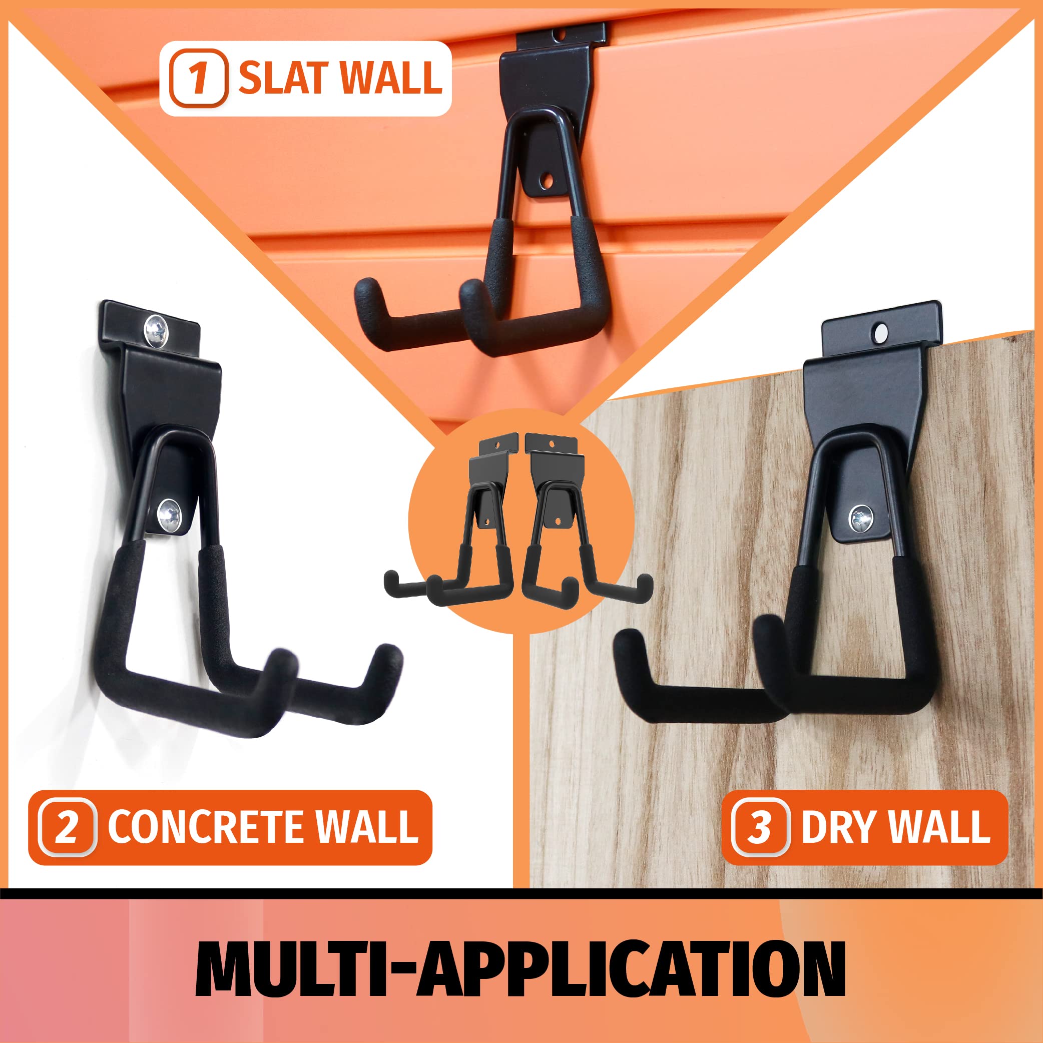 This image showcases a set of multi-application garage slatwal storage hooks that can be mounted on various wall surfaces, including slatwall, concrete, and drywall.