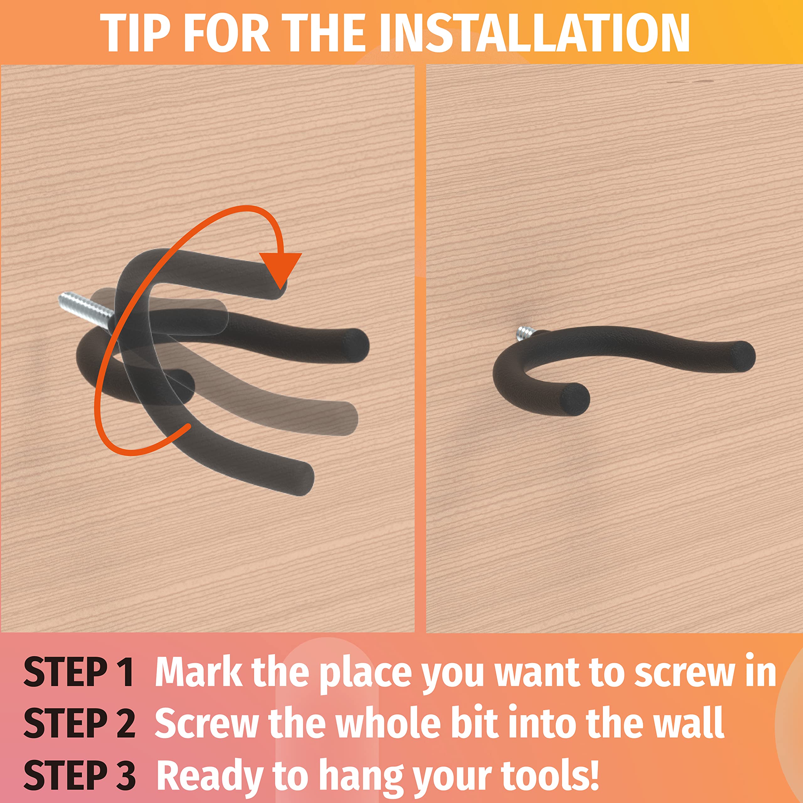 This image provides a step-by-step installation guide for Huhole's pegboard hooks. The guide includes three clear steps: 1) Mark the desired placement on the pegboard, 2) Screw the entire hook into the wall, and 3) Ready to hang your tools.