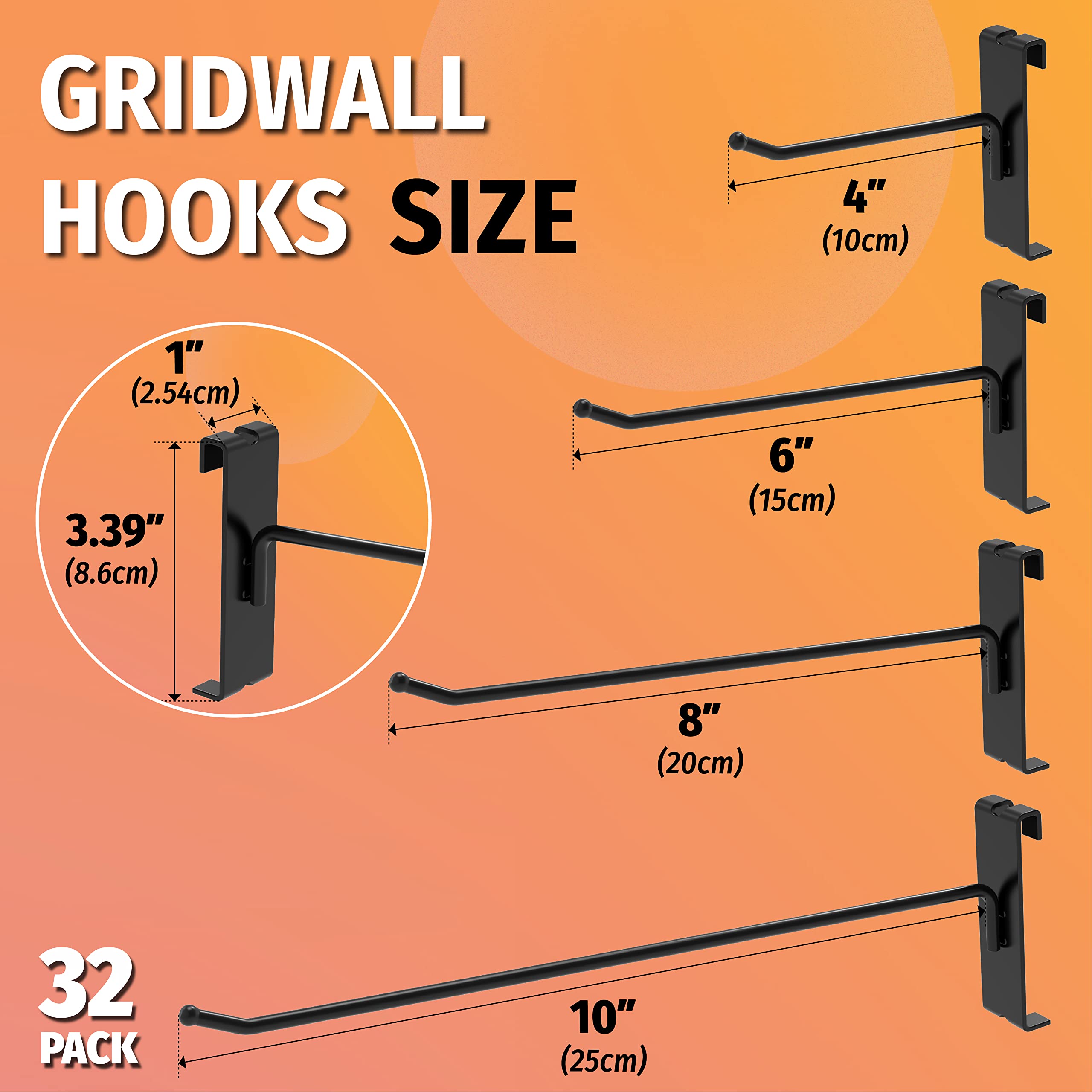 This image provides a detailed overview of the 4, 6, 8, 10 sizes of gridwall hooks. 