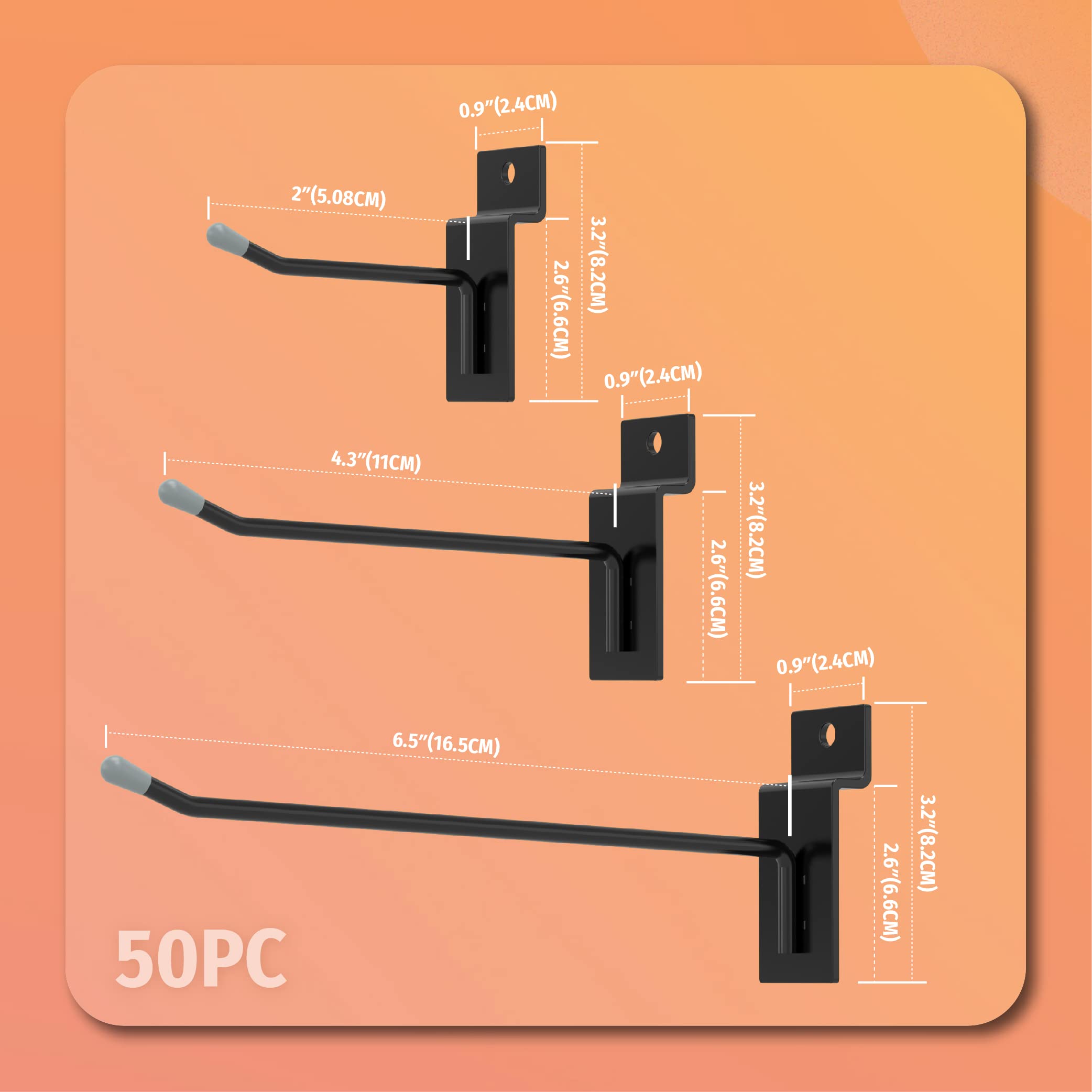 This image depicts a 50-piece slatwall hook assortment with a variety of hook designs. The hooks are shown arranged in a grid pattern against a bright orange background, showcasing the different styles and sizes available. Each hook has labels indicating its specific measurement or capacity, such as "6 inch", "8 inch", or "50 lbs".