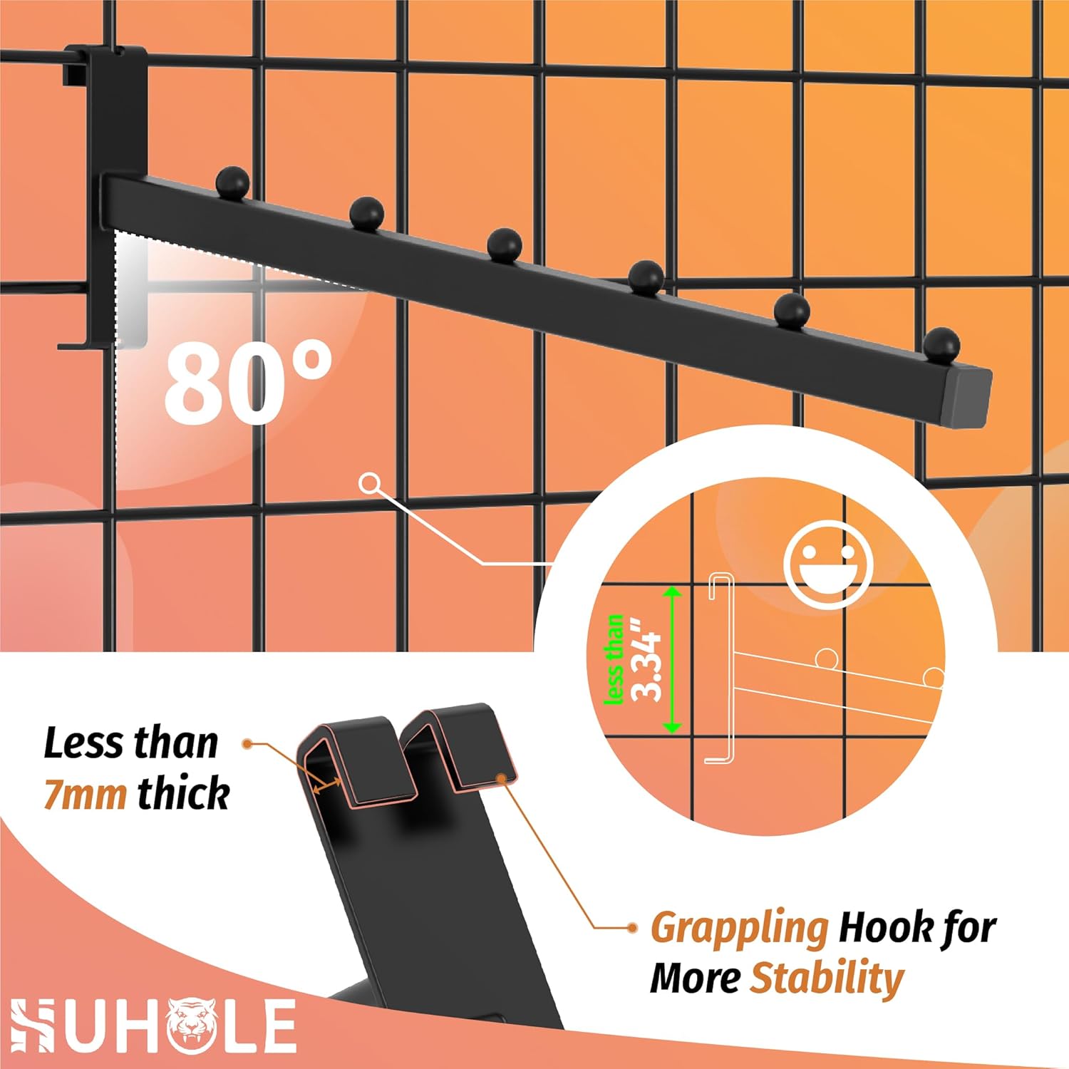 HUHOLE 6 Ball Gridwall Waterfall Hooks, 10 Pack, Black Powder-Coated