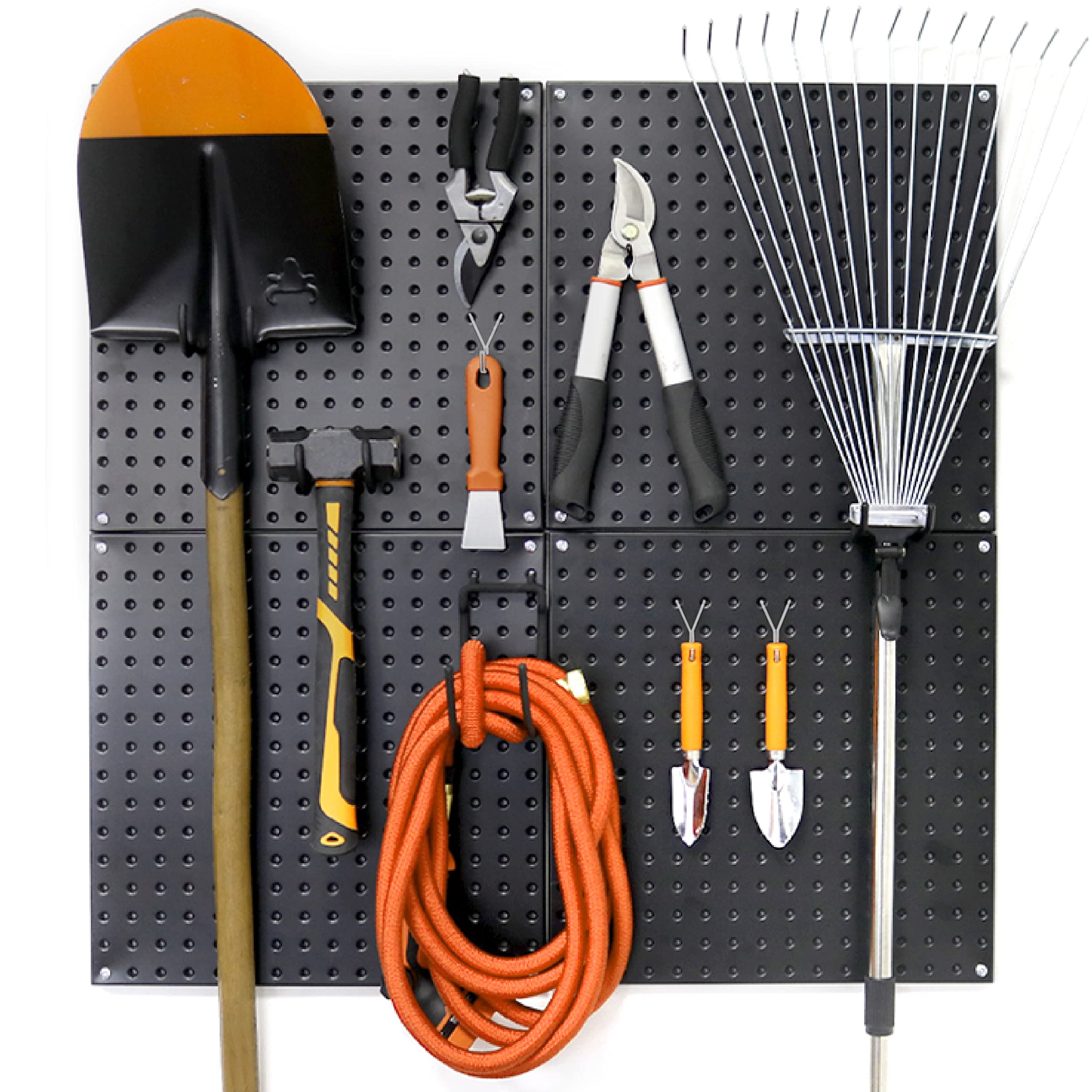 This image showcases the Huhole pegboard system being used to organize and display a variety of tools and equipment. The key elements of the image include: