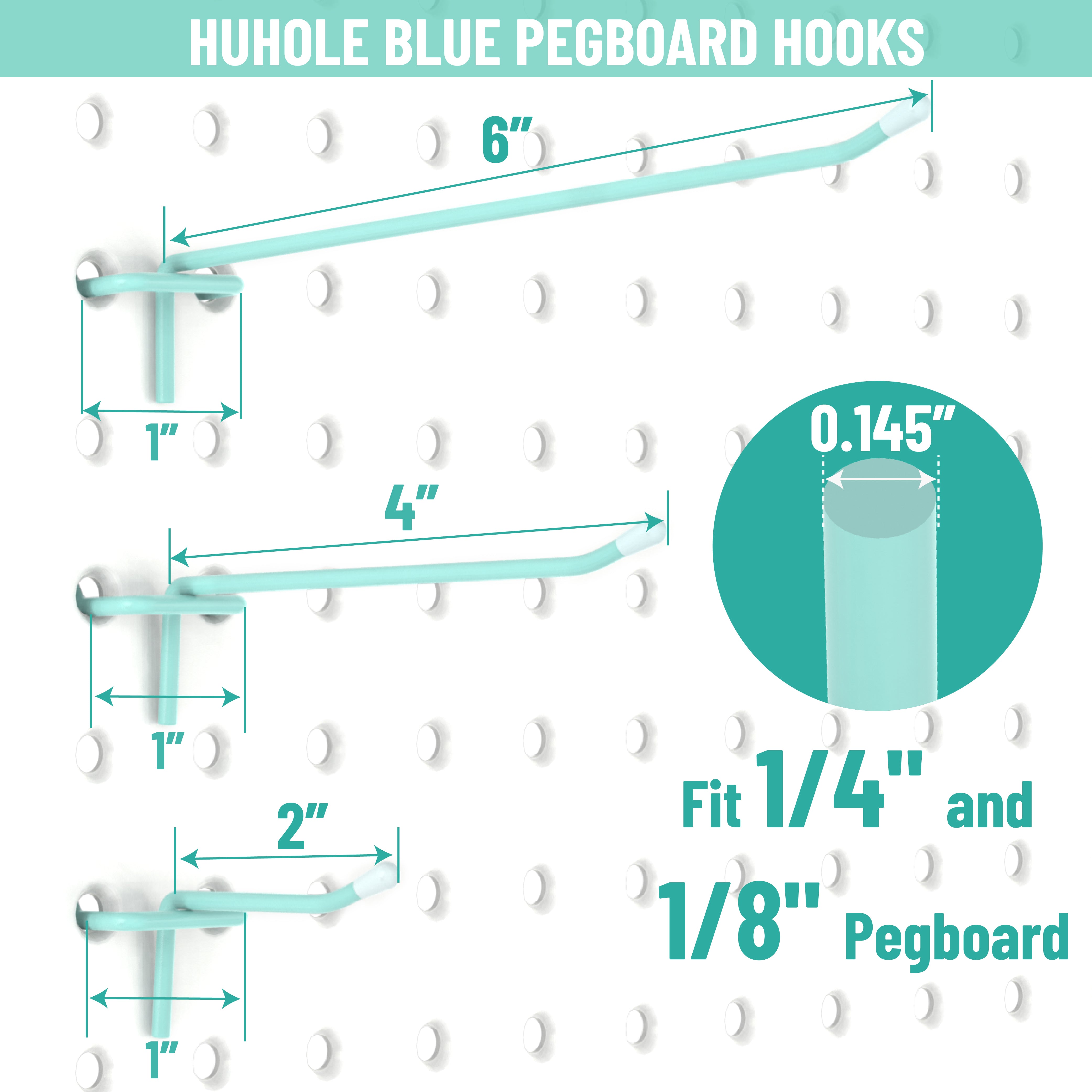 HUHOLE Pegboard Hooks 2-6 Inch 50PC, Black/Silver/Pink/Blue, Fit 1/4" or 1/8" Pegboard