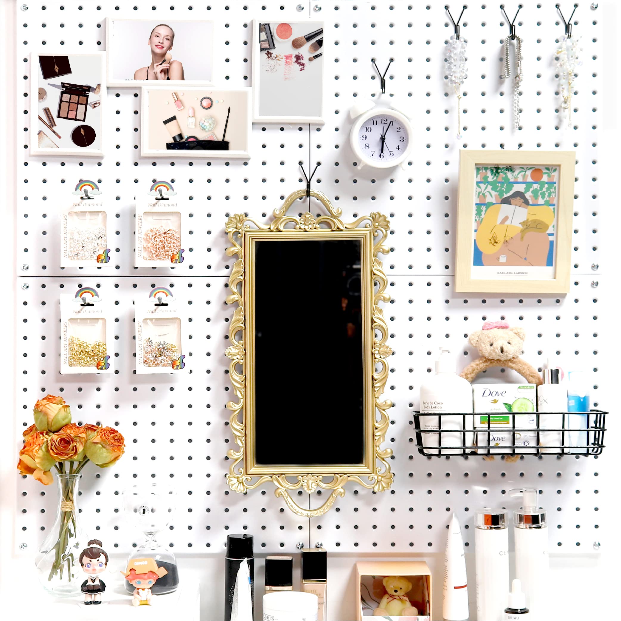 This image showcases an artfully curated bedroom wall display using a pegboard system. 