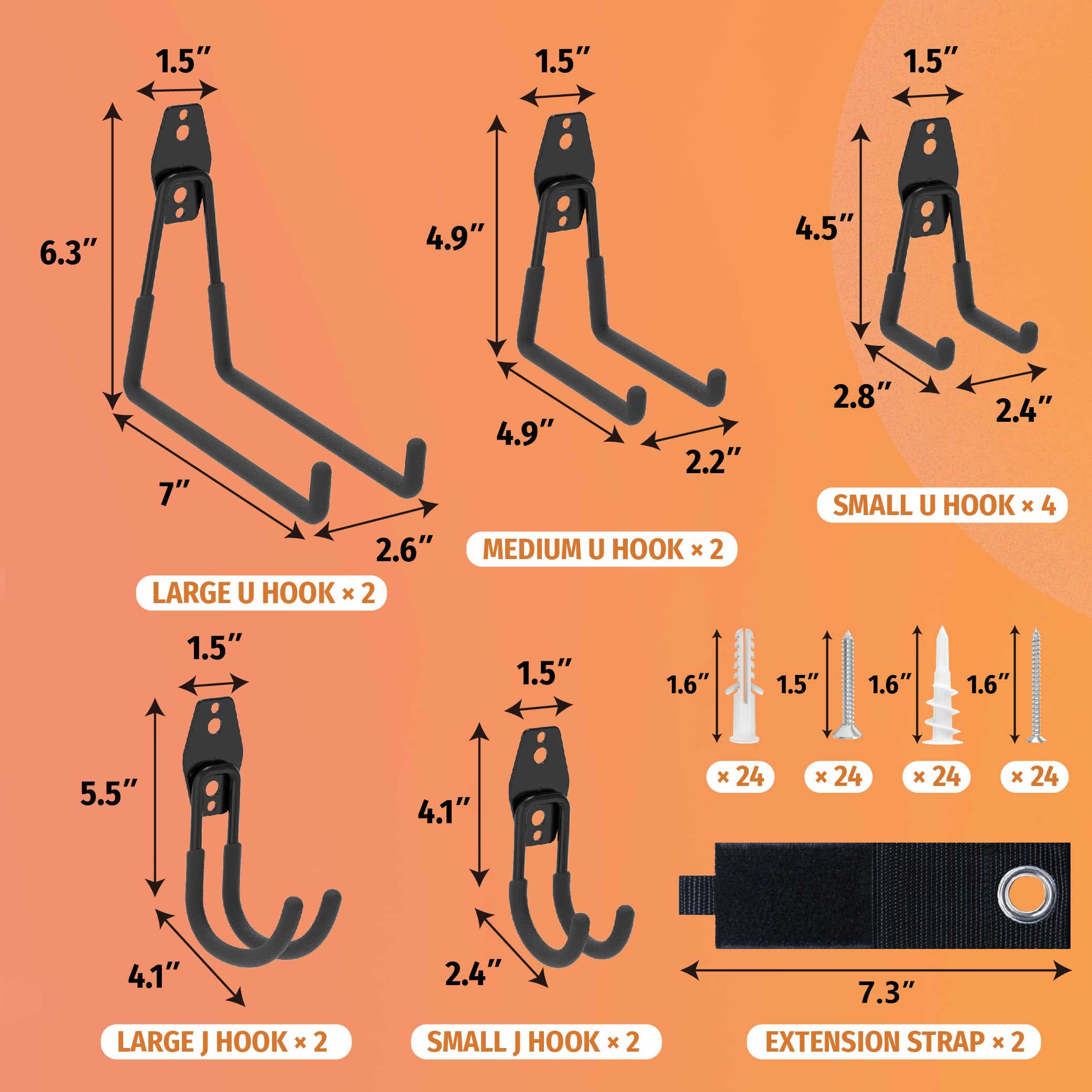 This image provides detailed dimensional information for a variety of garage hooks and accessories, including Large U Hooks, Medium U Hooks, Small U Hooks, and Extension Straps. The specifications cover the length, width, and depth of each item, allowing users to accurately select the appropriate hooks and accessories for their garage organization and storage needs.