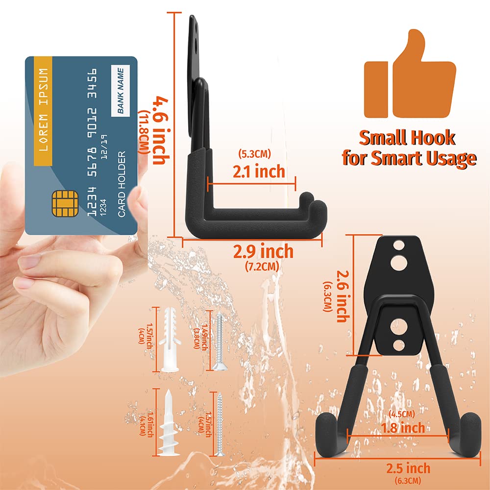 This image provides detailed dimensional information for a variety of garage hooks, including measurements for a Small Hook, a Medium U Hook, and a Large U Hook. The image also includes a credit card for scale, highlighting the compact and space-efficient design of these hooks. The clear labeling and precise measurements suggest these hooks are designed to offer a versatile and organized storage solution for garages and workshops.