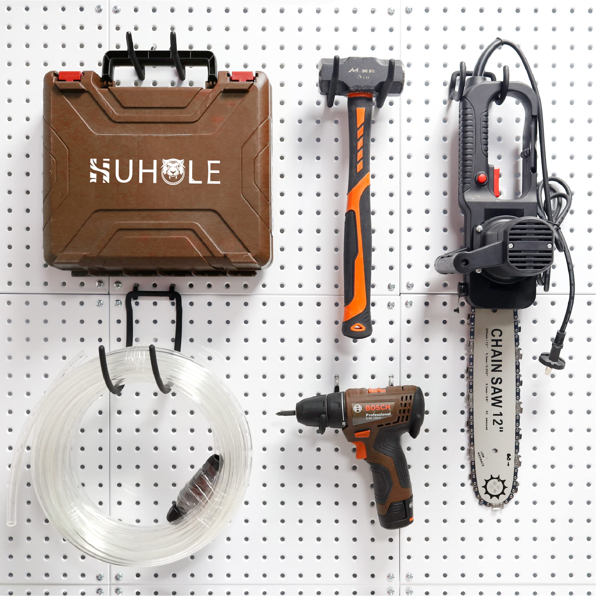 This image showcases a variety of Huhole-branded products displayed on a pegboard, including a tool case, a power drill, a chainsaw, and other accessories. The Huhole logo is prominently featured on the tool case, indicating these are part of the Huhole product line.  分享