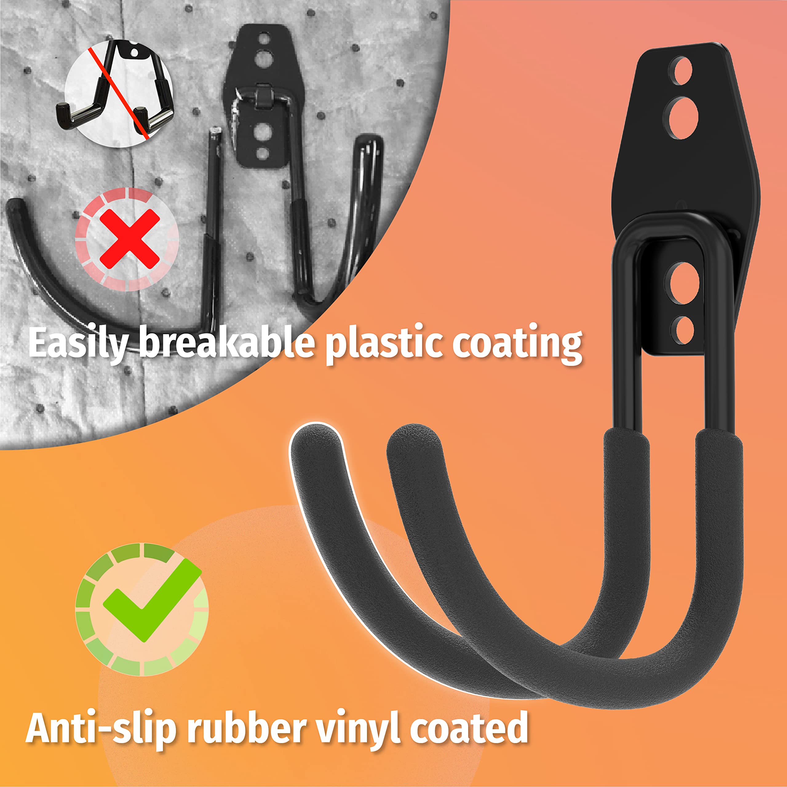 This image highlights the key features of a set of sturdy garage hooks, emphasizing their durability and non-slip properties. The hooks feature an anti-slip rubber vinyl coating, which provides a secure grip and prevents items from sliding off. 