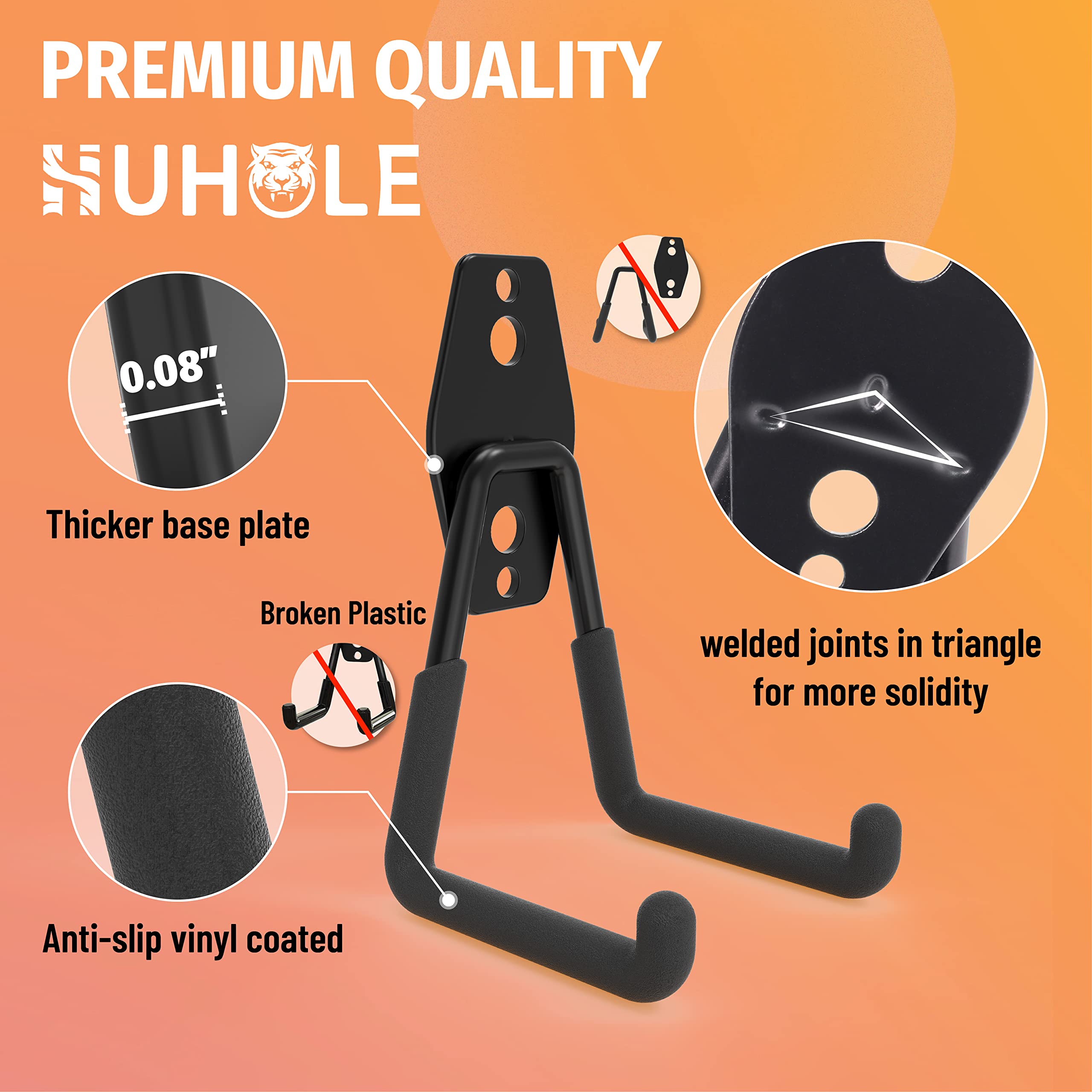 This image highlights the premium quality and robust construction features of a set of garage hooks. Key details include:  A thicker 0.08-inch base plate for added stability Welded joints in the triangular design for enhanced solidity An anti-slip vinyl coating for a secure grip Emphasis on the overall durability and load-bearing capacity of the hooks