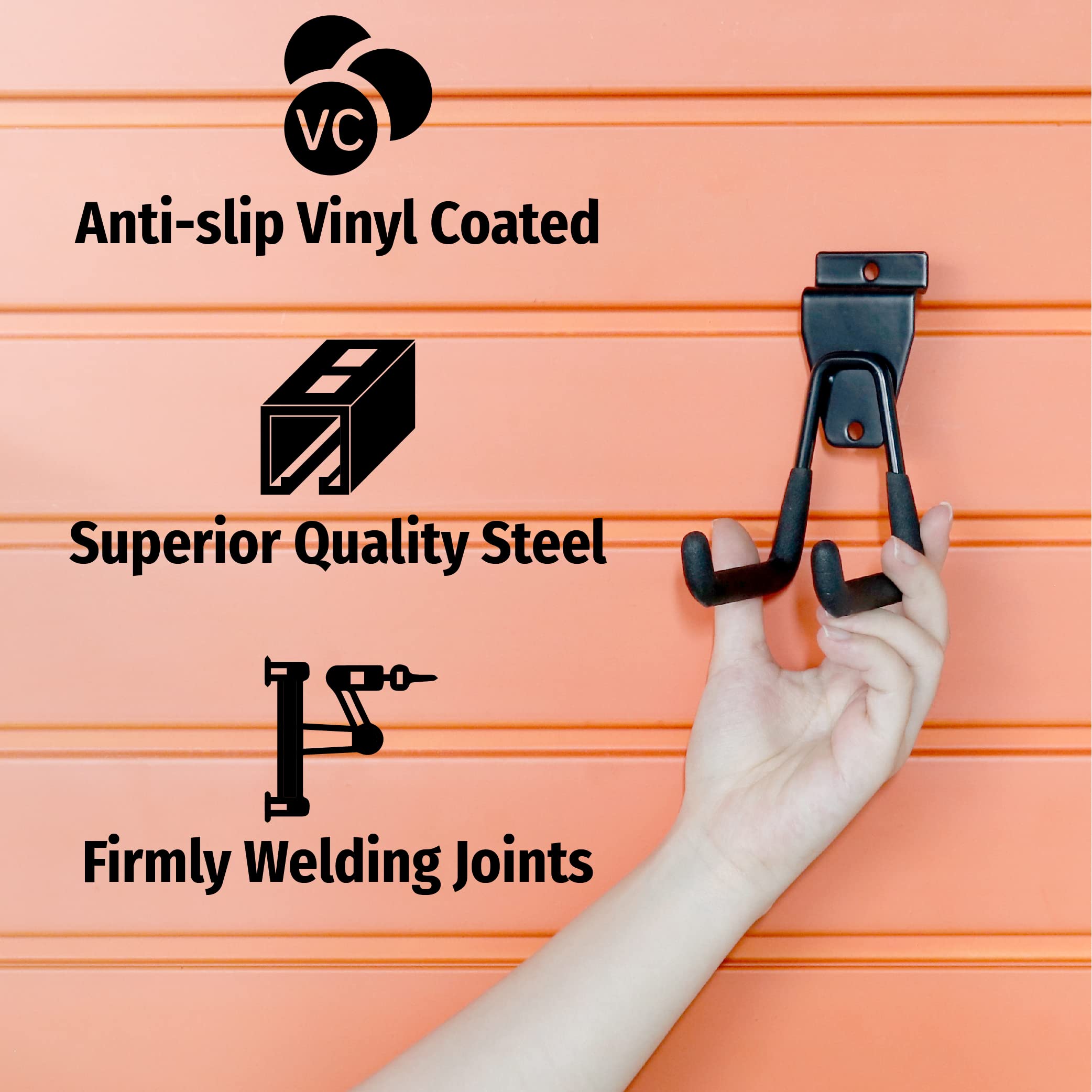 This image showcases the key features and benefits of a set of high-quality garage storage hooks. The hooks are designed to be mounted on a variety of wall surfaces, including slatwall, concrete, and drywall.