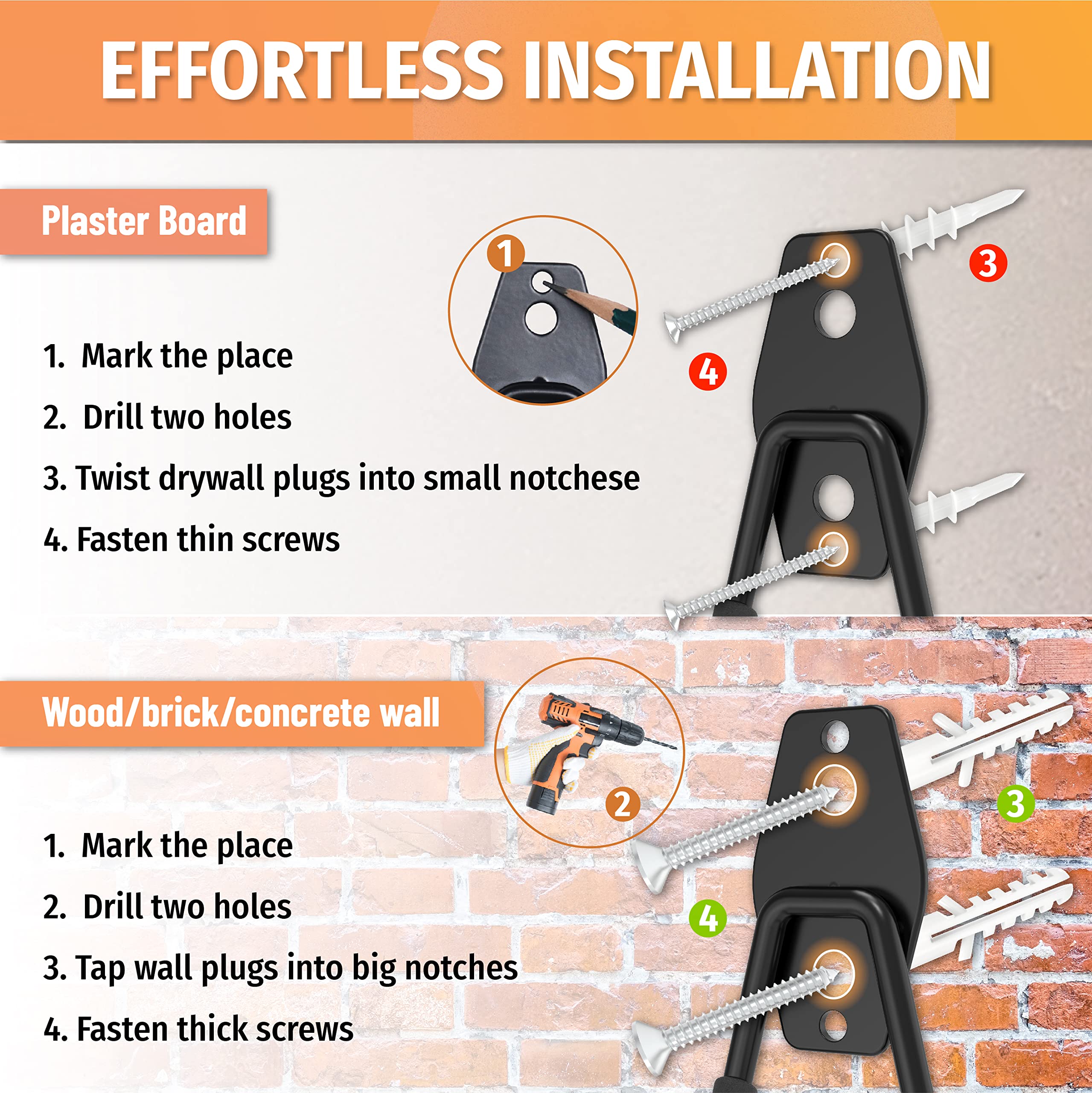 Step-by-step instructions for installing a garage hook on different wall types, including plaster board, wood, brick, and concrete.