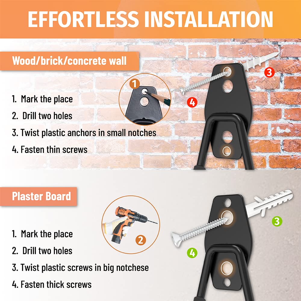 This image provides a step-by-step guide for the effortless installation of garage hooks on both wood/brick/concrete walls and plaster board. The guide clearly outlines the necessary steps, including marking the placement, drilling holes, inserting the plastic anchors, and fastening the hooks with screws. The visual demonstration and concise instructions suggest these hooks are designed for a simple and secure DIY installation process, making them an accessible storage solution for garages and workshops.