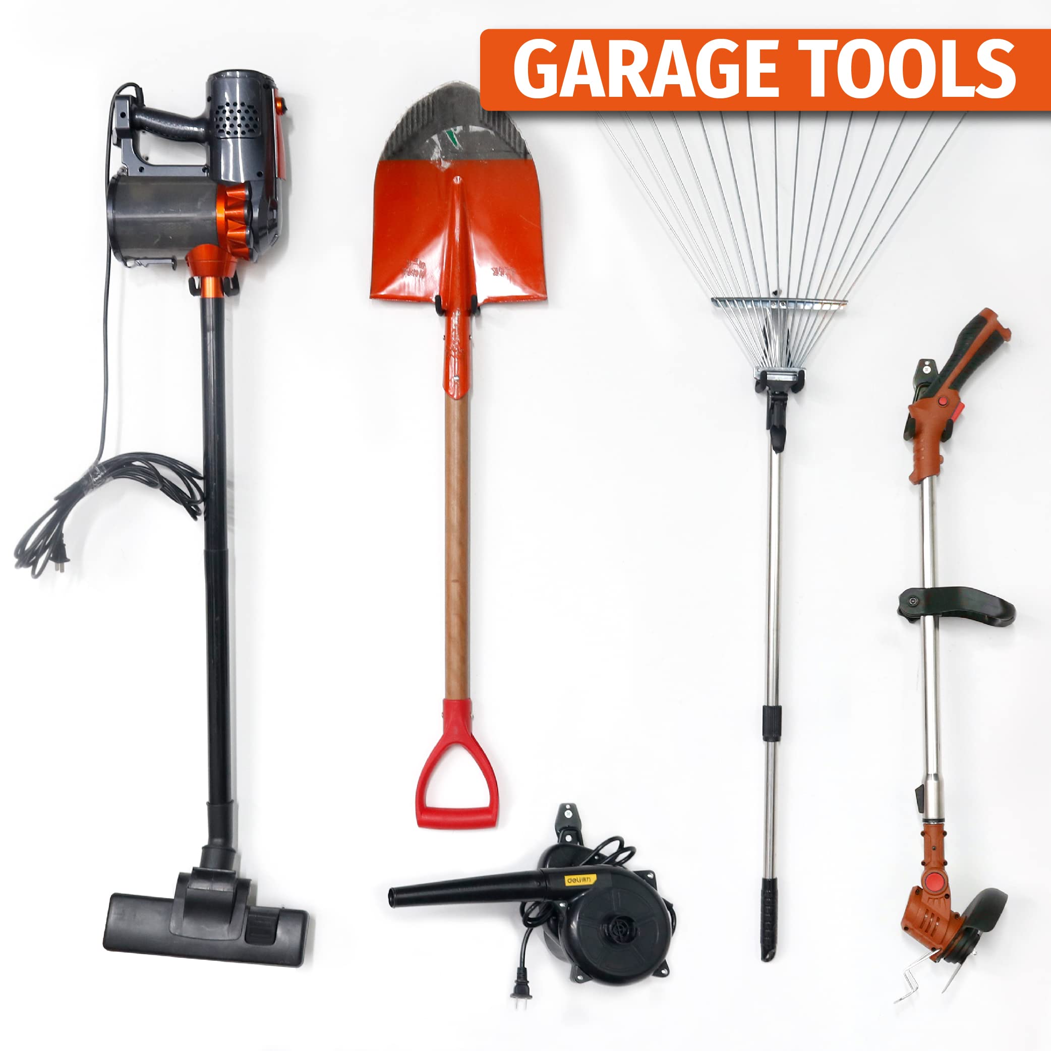 This image showcases a selection of essential garage tools, including a shop vacuum, a shovel, a rake, a pruner, and a leaf blower. These tools are commonly used for various garage and outdoor maintenance tasks, such as cleaning, gardening, and yard work. The clear organization and presentation of these tools suggests they are part of a well-equipped garage or workshop space.