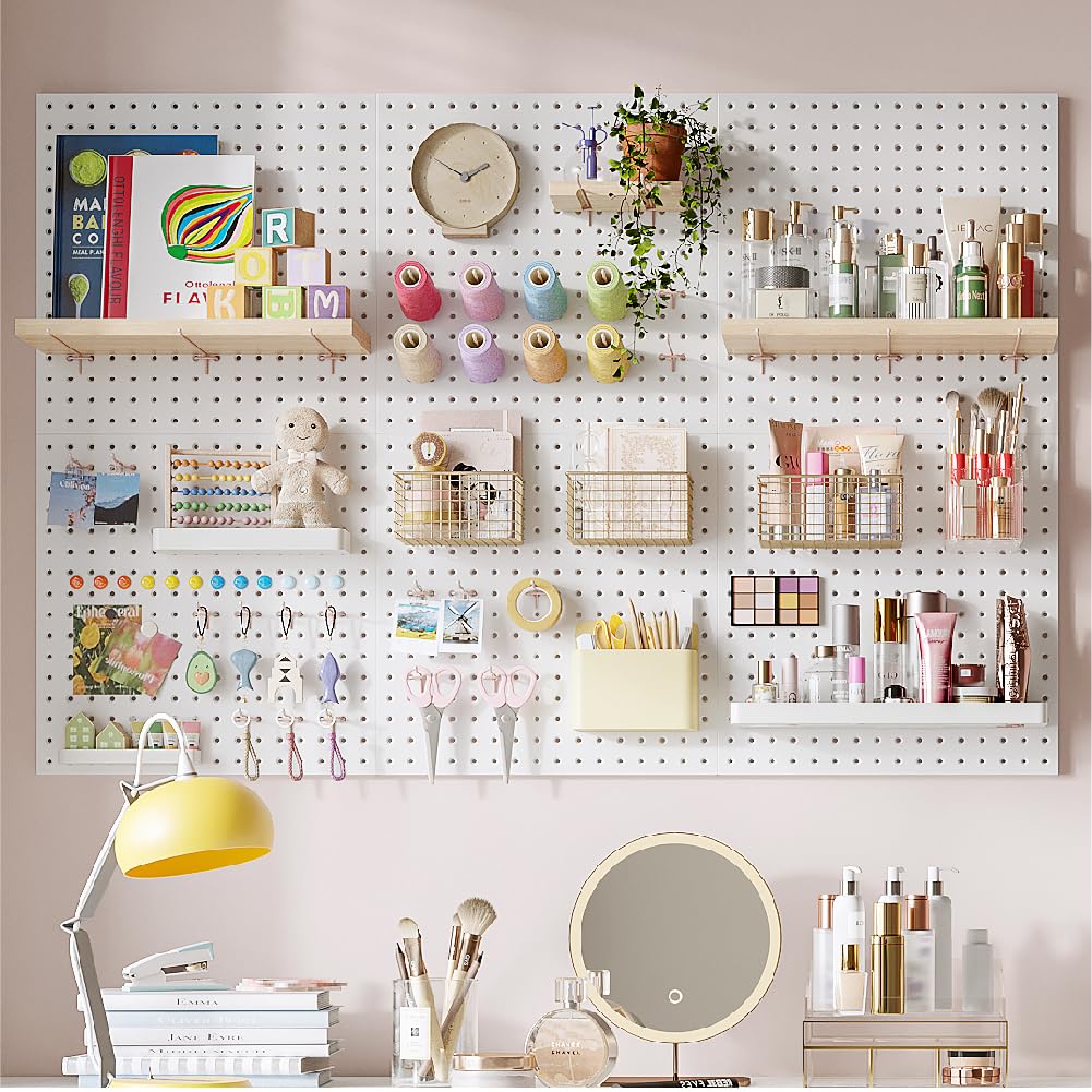 This image depicts an extensively organized and decorated pegboard display. The pegboard is filled with a wide variety of items, including office supplies, craft materials, decorative elements, and various personal care products, all neatly arranged and categorized to create a highly functional and visually appealing storage and organization solution.