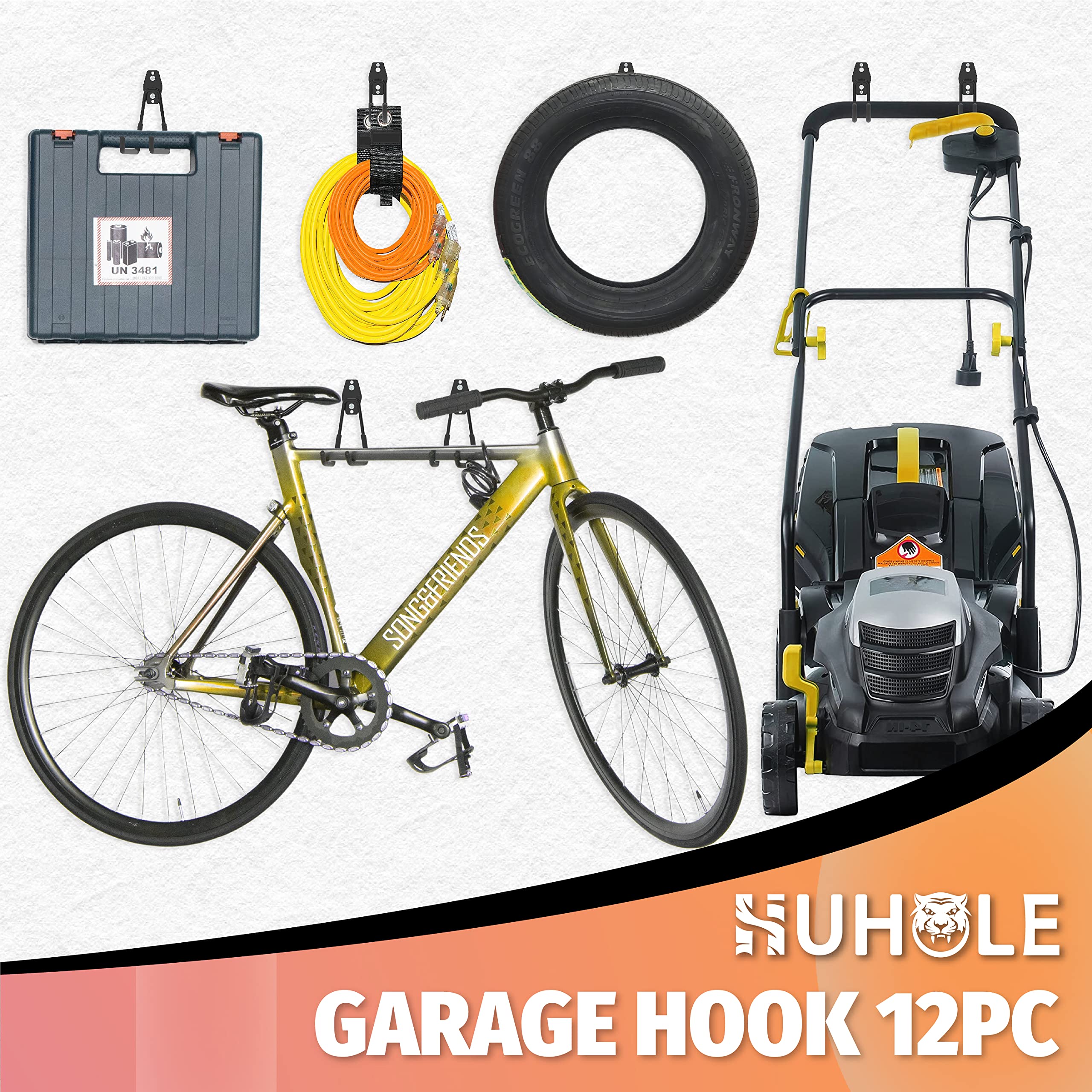 This image showcases a comprehensive garage hook set, featuring a diverse collection of 12 different accessories and tools designed for efficient storage and organization in a garage or workshop setting.