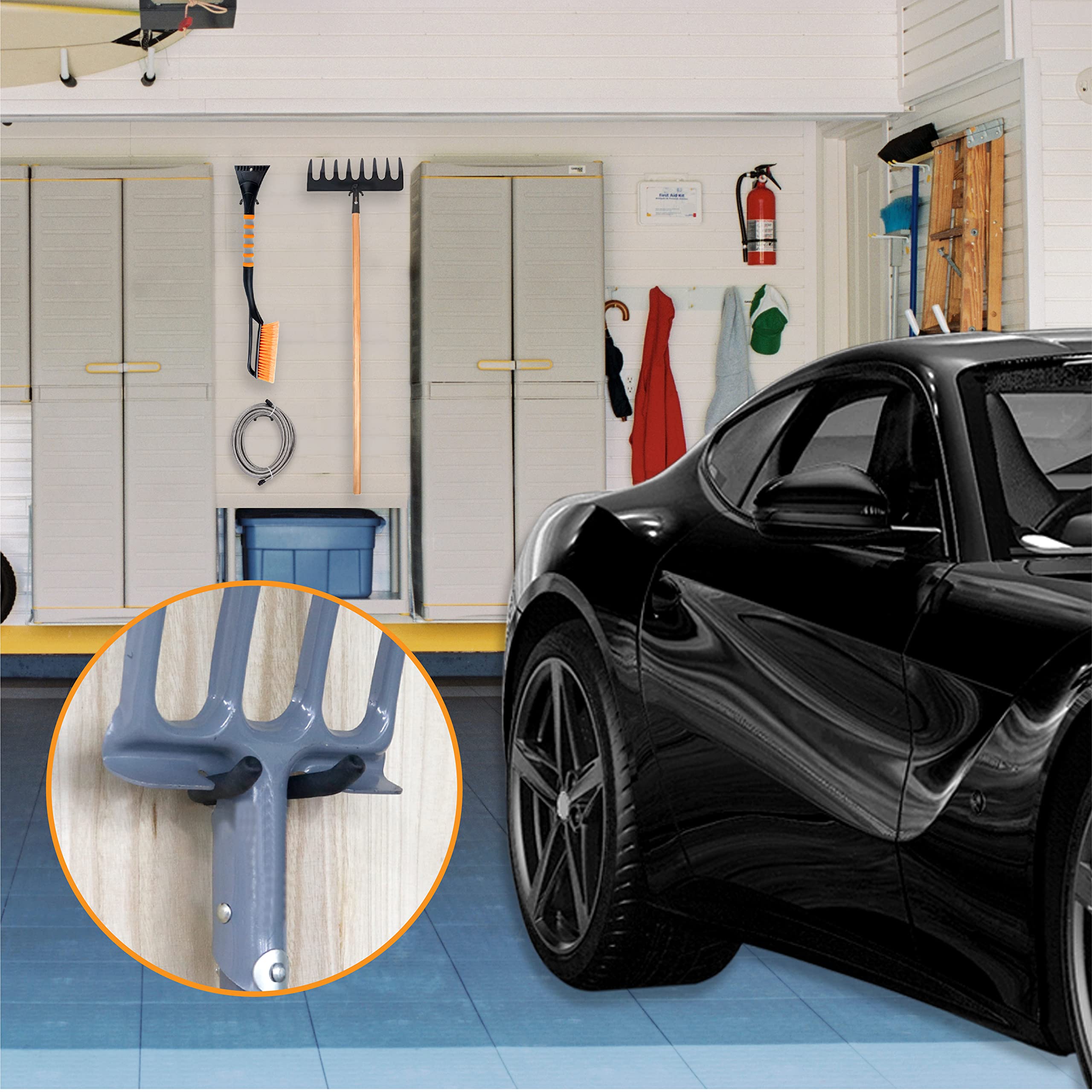 This image showcases a well-organized garage space utilizing Huhole's pegboard hooks. The pegboard is visible in the background, displaying a variety of tools and accessories neatly arranged and easily accessible. In the foreground, a close-up of one of the Huhole hooks demonstrates its sturdy construction and ability to support various items. 