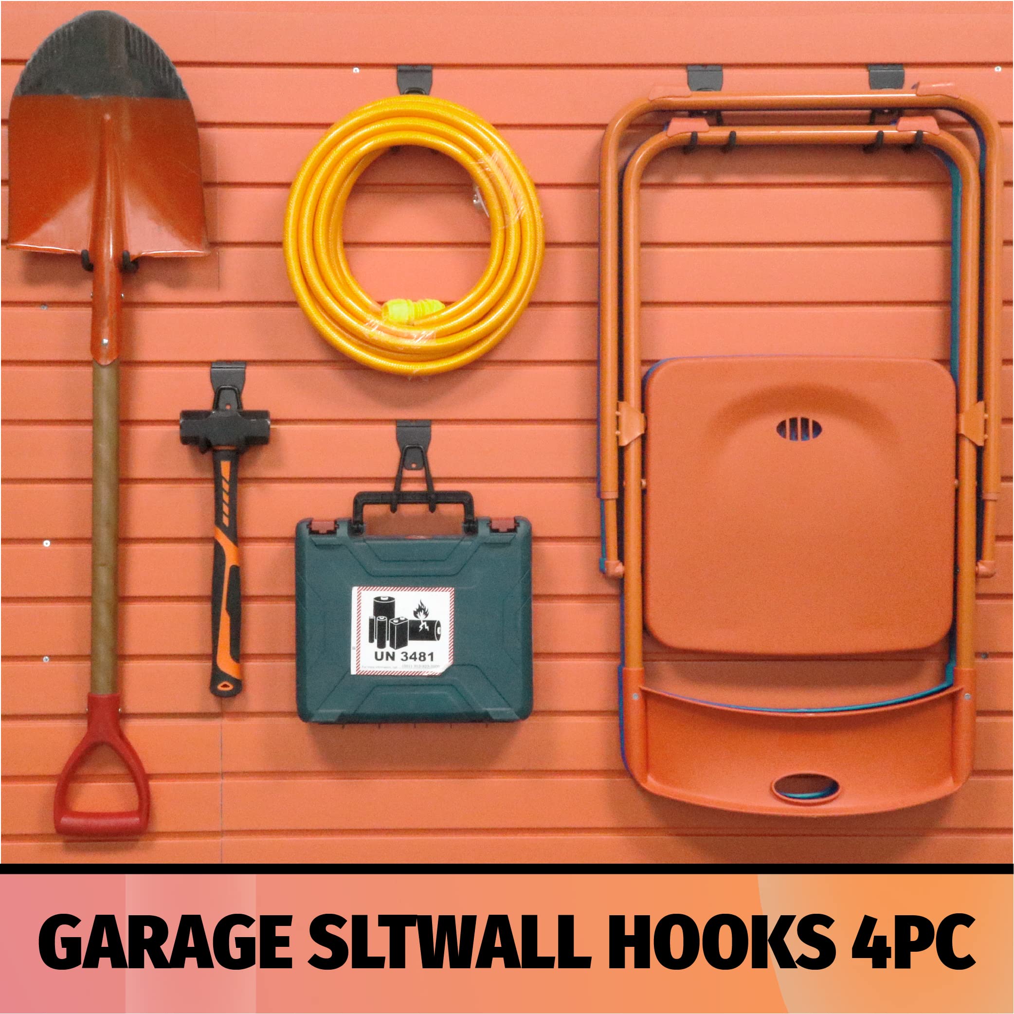 This image showcases a set of four garage slatwall hooks designed to provide a versatile and customizable storage solution for a garage or workshop environment. The hooks are mounted on a vibrant orange slatwall panel, creating an organized and visually appealing display.