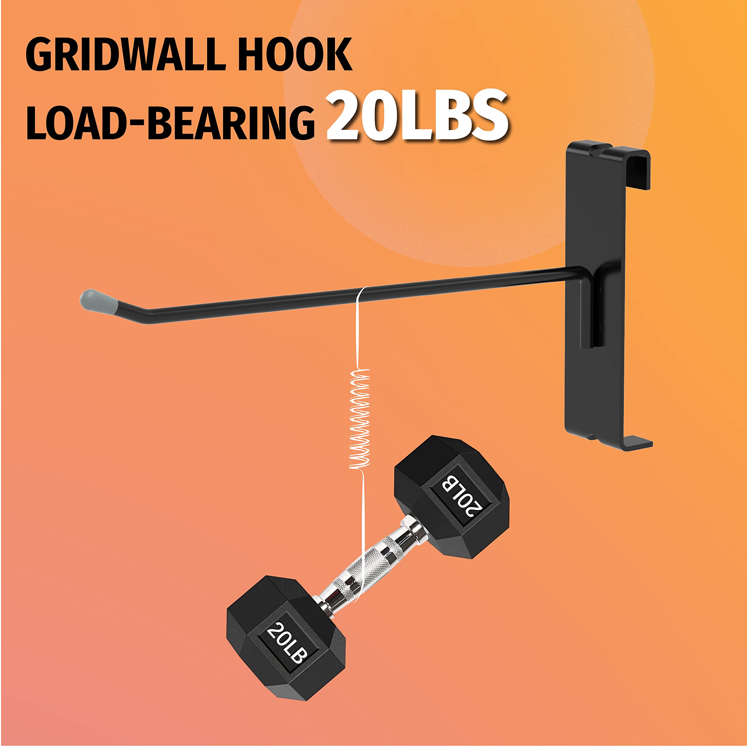 This image showcases a heavy-duty gridwall hook that can support up to 20 pounds of weight. 