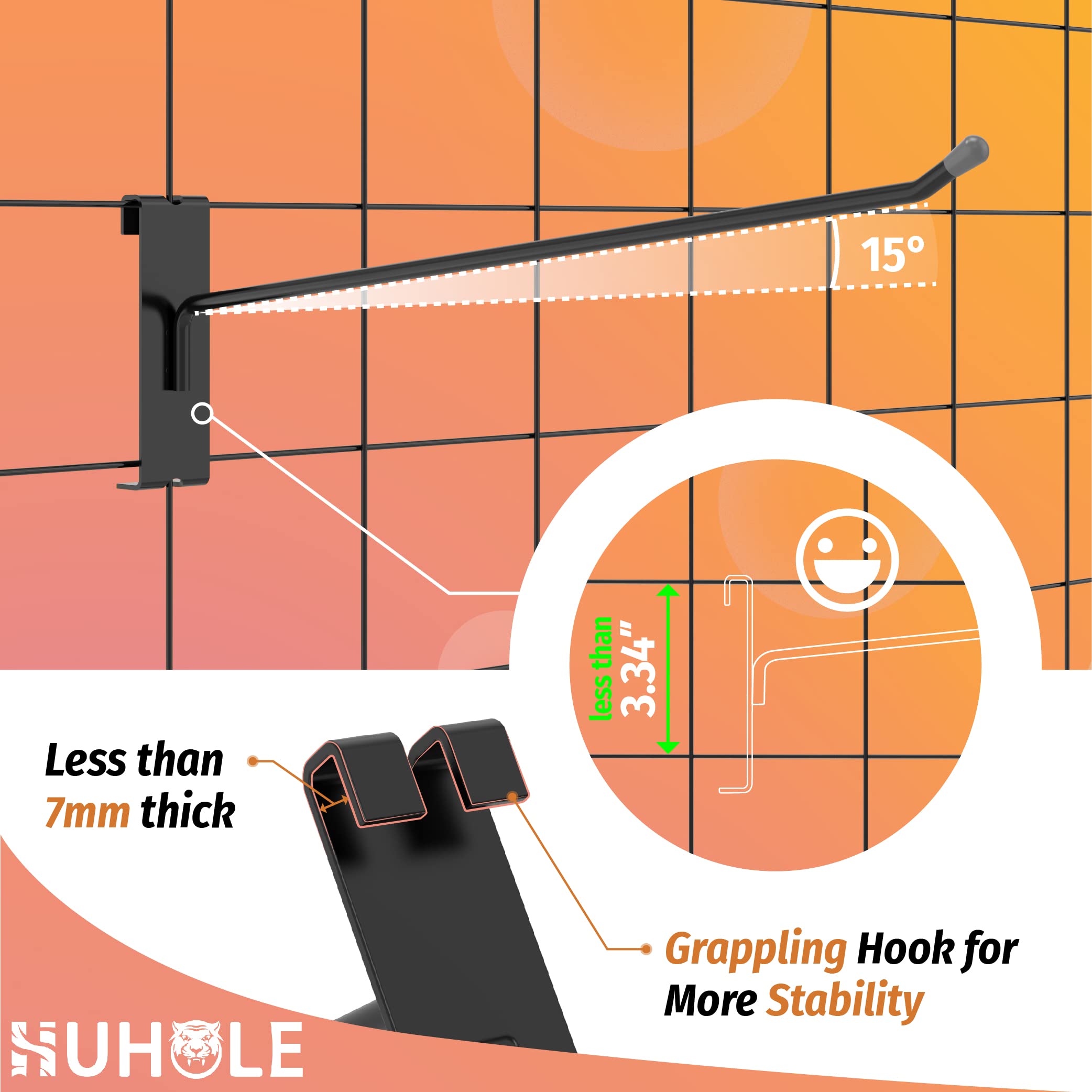 This image showcases a specialized gridwall hook designed for compact and stable storage solutions. Key features highlighted include:  Less than 7mm thick design for a slim profile Grappling hook shape for enhanced grip and stability Measurements indicating a 15-inch length