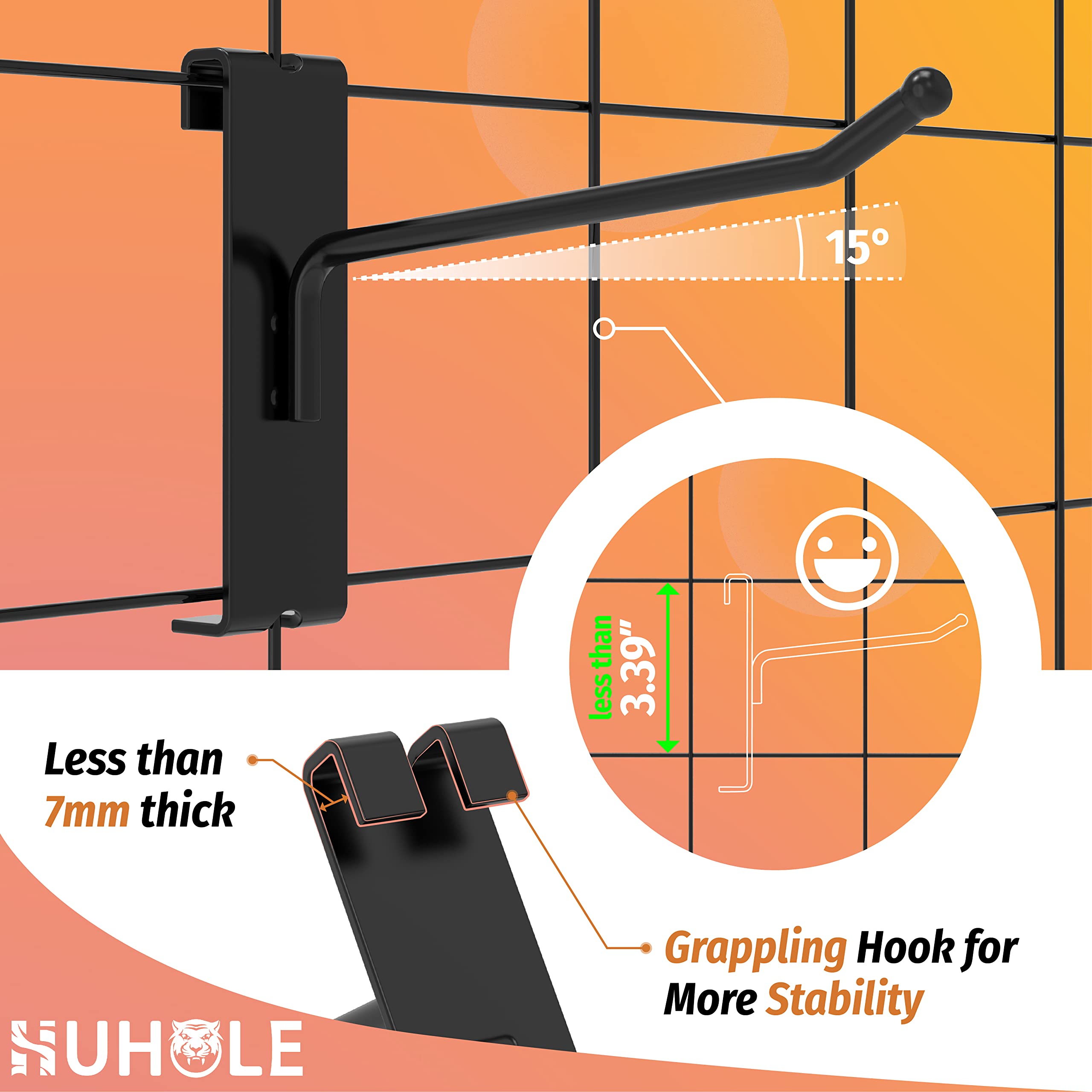 This image highlights the key features of a set of ultra-slim gridwall hooks:  Less than 7mm thick design for a compact, space-saving profile Grappling hook shape for improved stability and secure hanging Measurements indicating the hooks are less than 7mm thick