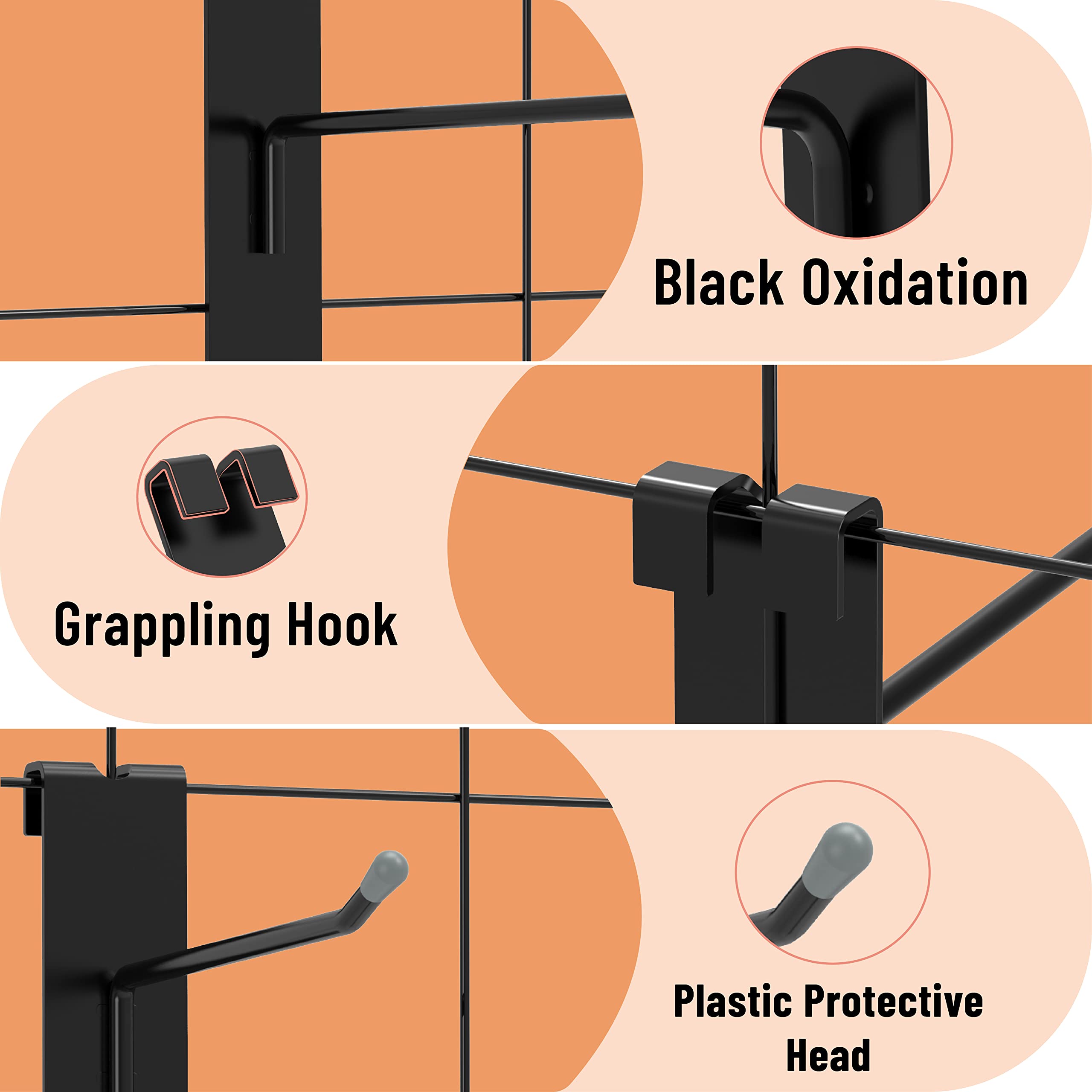 This image highlights the key features of Huhole's heavy-duty U-hooks. The main features shown include:  Black Oxidation: The hooks have a black oxidation finish, which provides a sleek, durable, and corrosion-resistant coating. Grappling Hook Design: The hooks feature a grappling-style hook shape, allowing them to securely grip and support heavy loads. Plastic Protective Head: The hooks have a plastic protective head, which helps prevent damage to walls or surfaces when the hooks are installed.