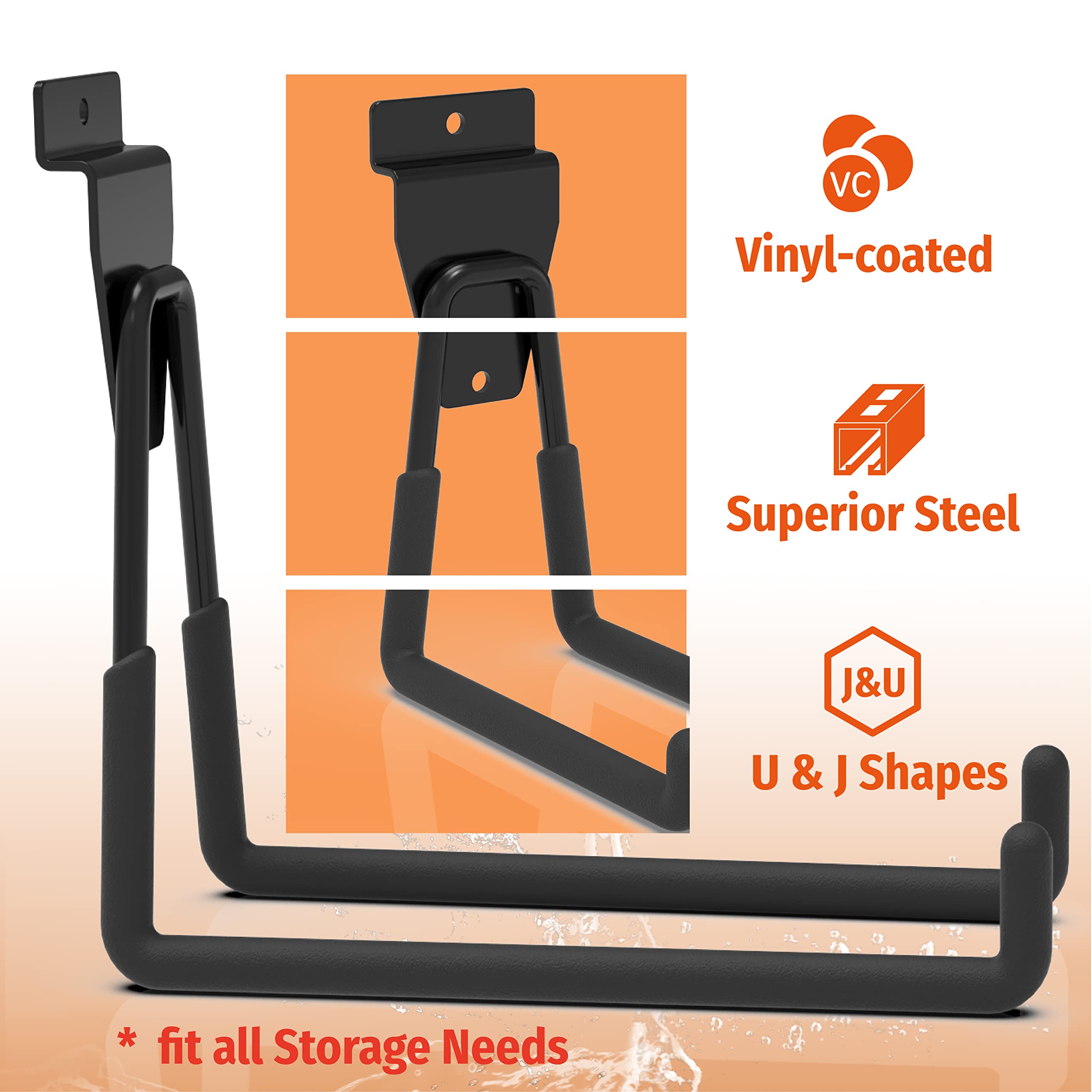 This image showcases a set of heavy-duty garage hooks designed to provide a versatile and customizable storage solution. The hooks are made of superior steel with a vinyl coating, offering both strength and a sleek, durable finish.