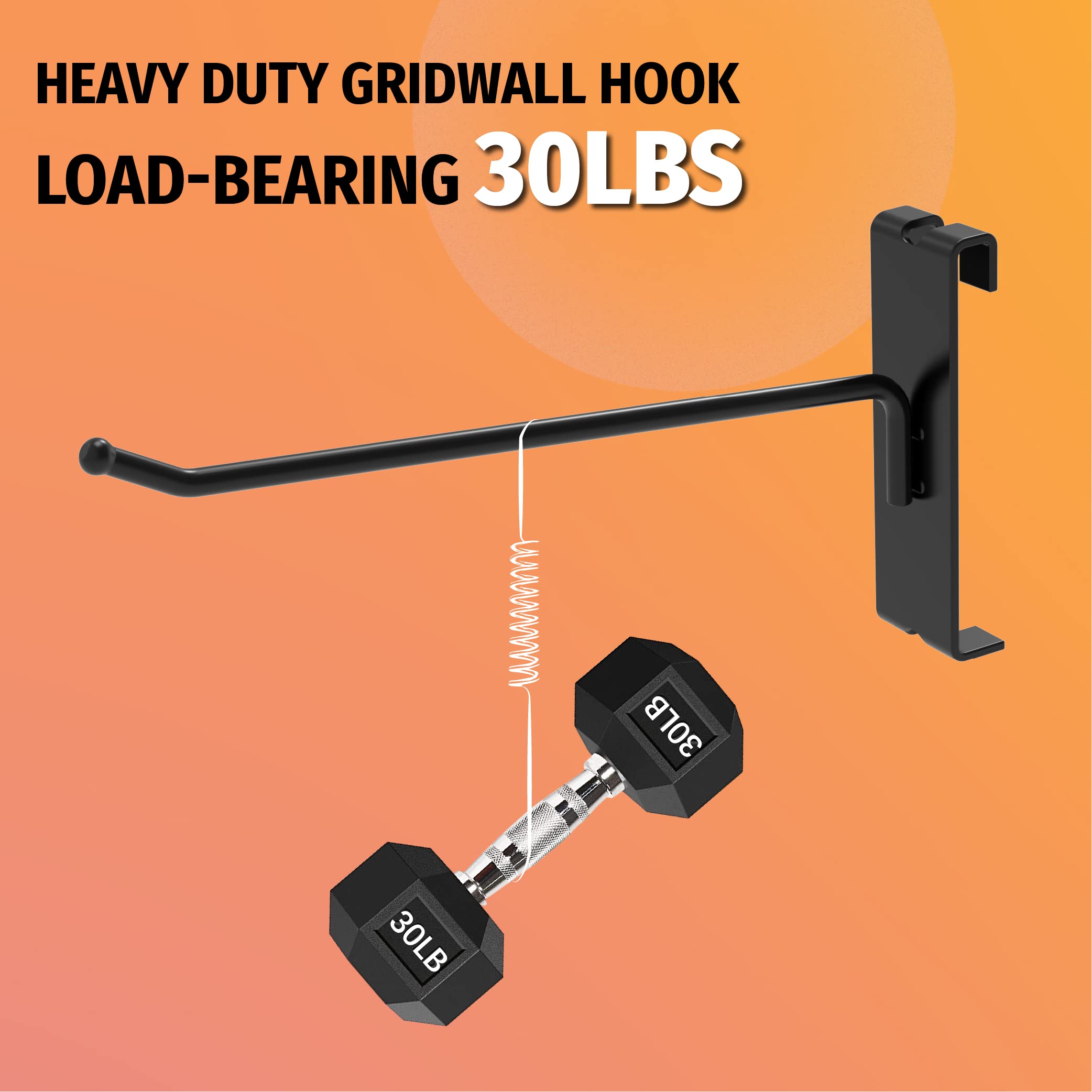 This image showcases a heavy-duty gridwall hook that can support a load-bearing capacity of 30 lbs. 