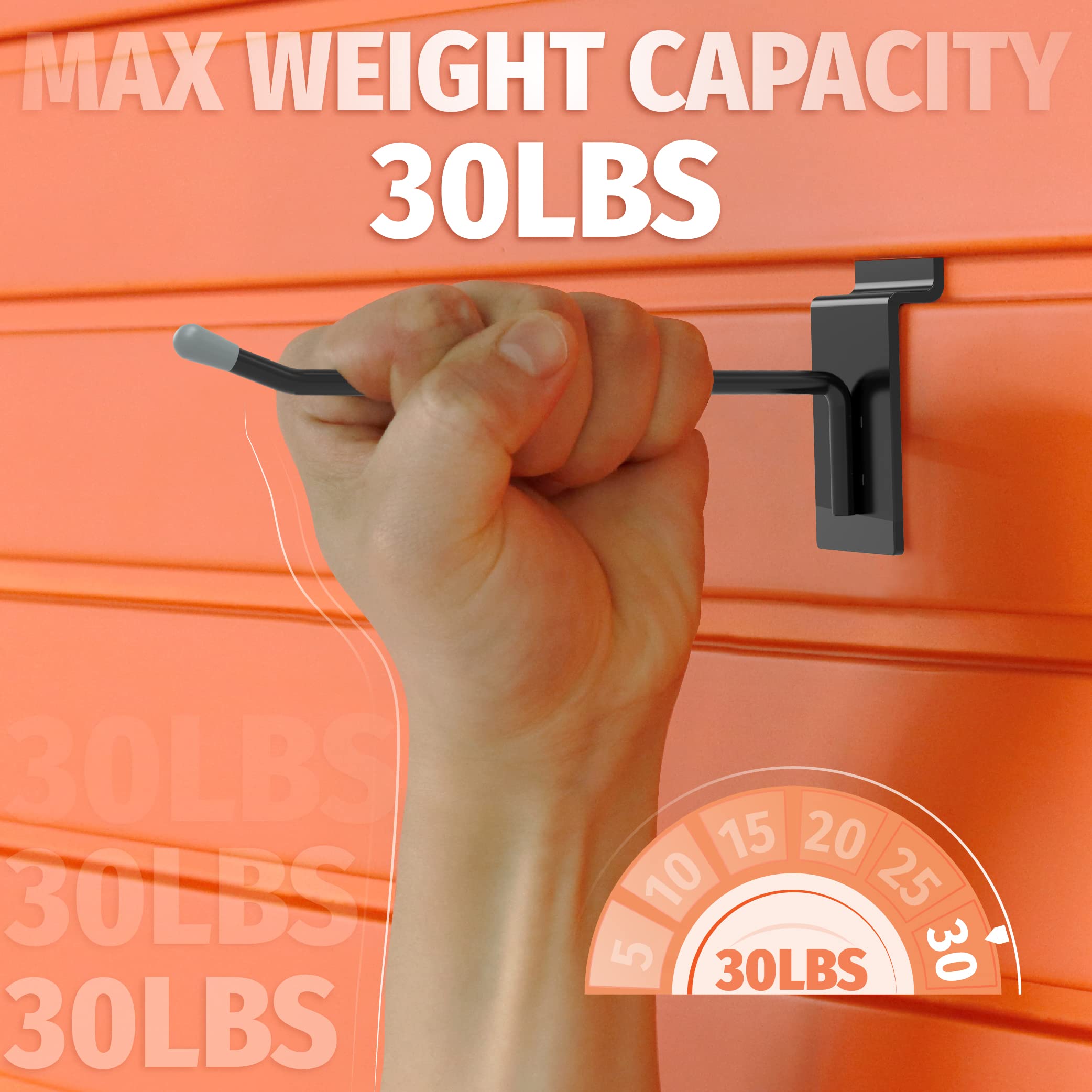 This image shows a heavy-duty slatwall hook with a clear "30LBS" label indicating its maximum weight capacity. The image focuses on a person's hand gripping the hook, demonstrating its sturdy construction and strength.