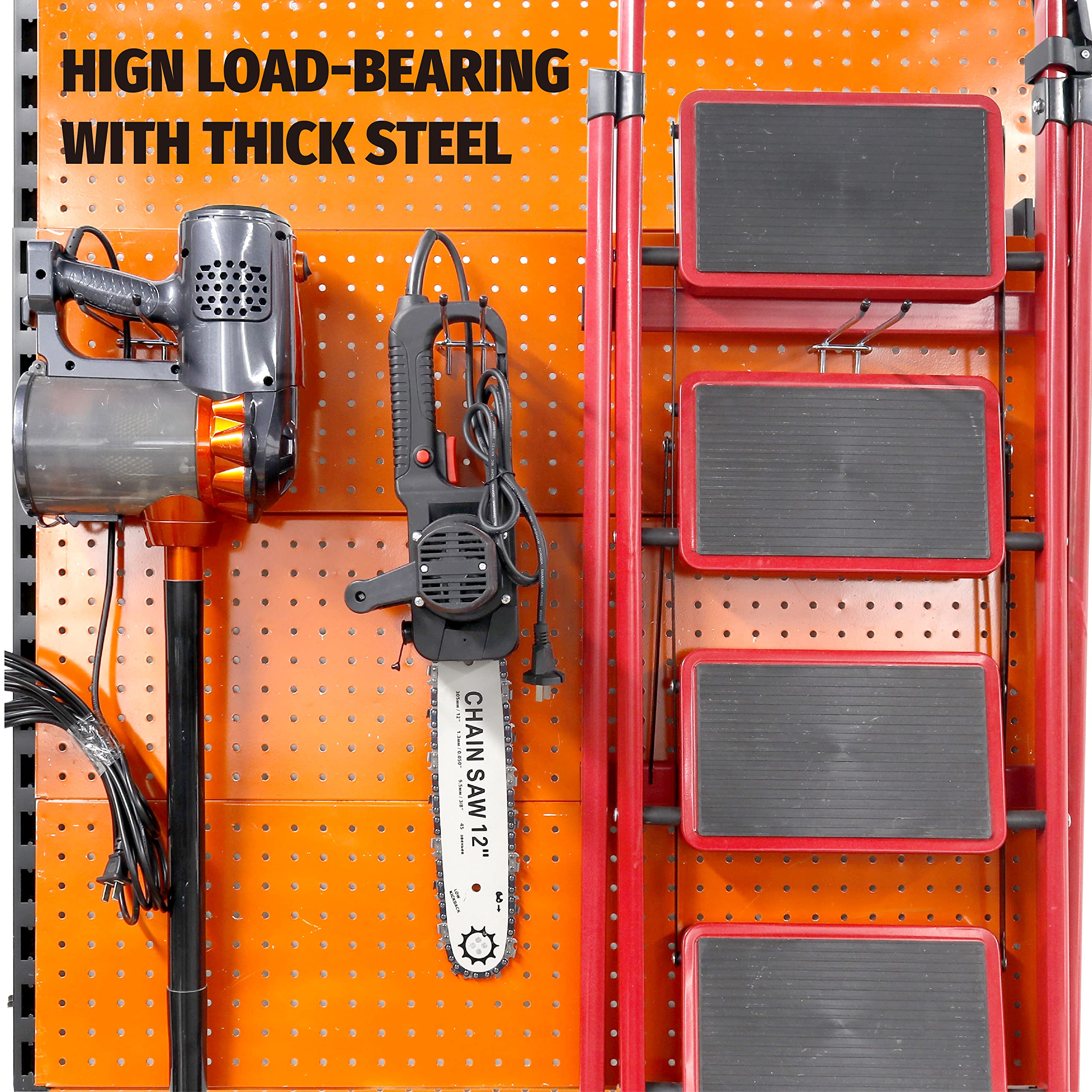 This image showcases a variety of high-load-bearing garage storage tools and accessories, including a chainsaw, power tool, and a sturdy metal storage rack with thick steel construction. The pegboard wall display and storage rack provide efficient organization and easy access to these heavy-duty garage items.