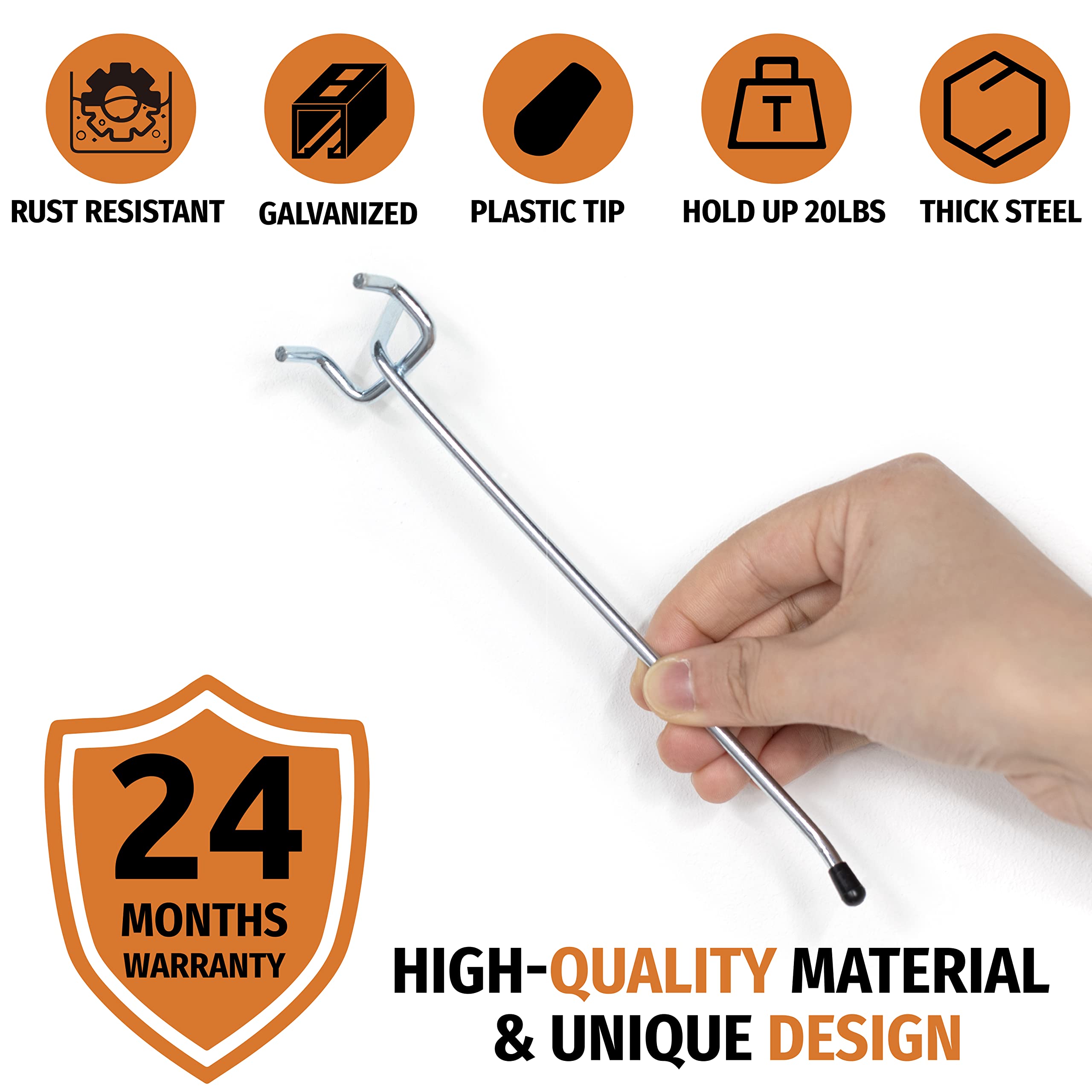 This image showcases various features and specifications of a product, including its rust-resistant, galvanized, plastic-tipped, 20-pound hold-up, and thick steel construction. It also highlights the product's 24-month warranty, indicating its high-quality material and unique design.