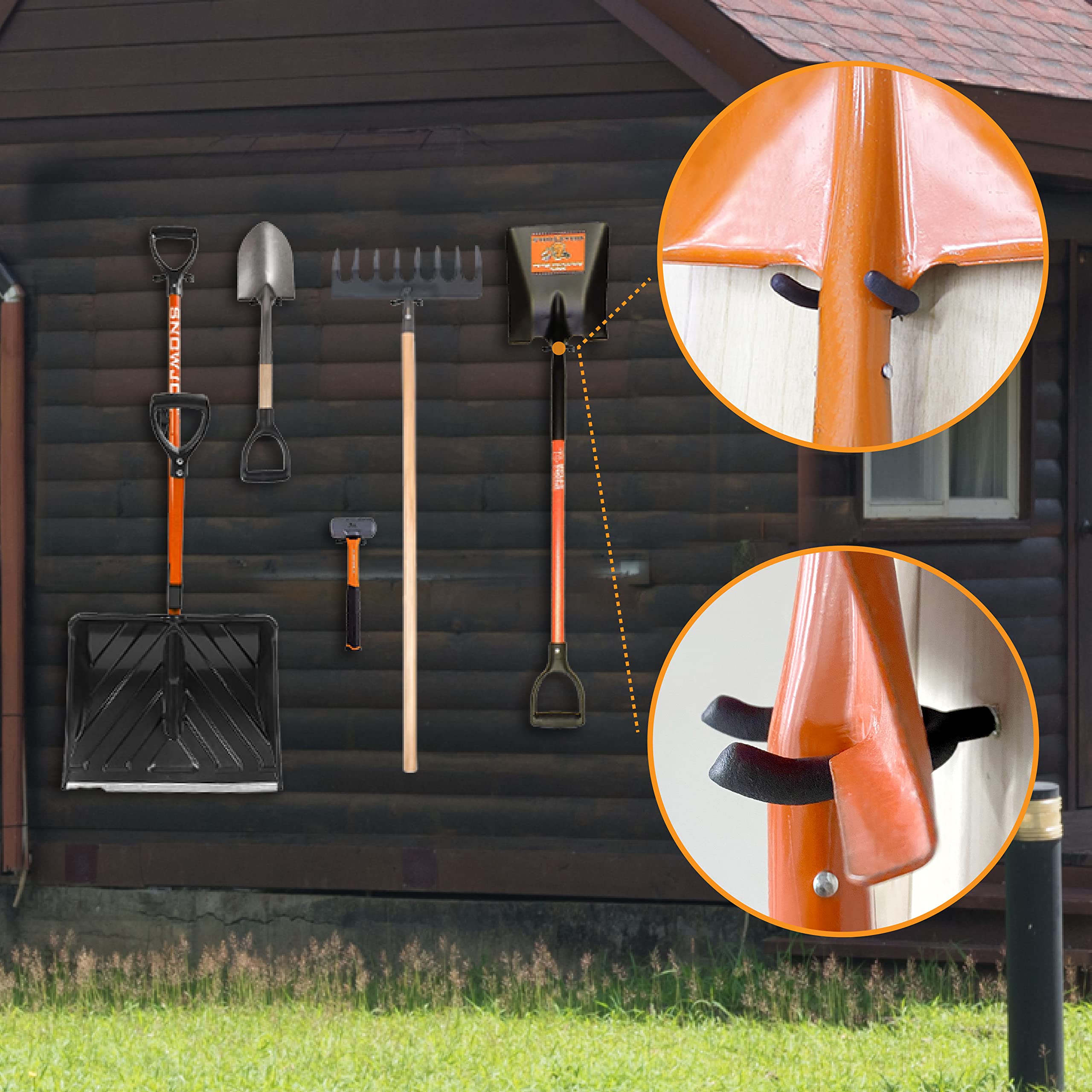 This image showcases a well-organized outdoor tool storage solution utilizing Huhole's pegboard hooks. The pegboard is displayed on the exterior of a wooden shed or garage, allowing for easy access and visibility of the various gardening and landscaping tools hung on the hooks. 