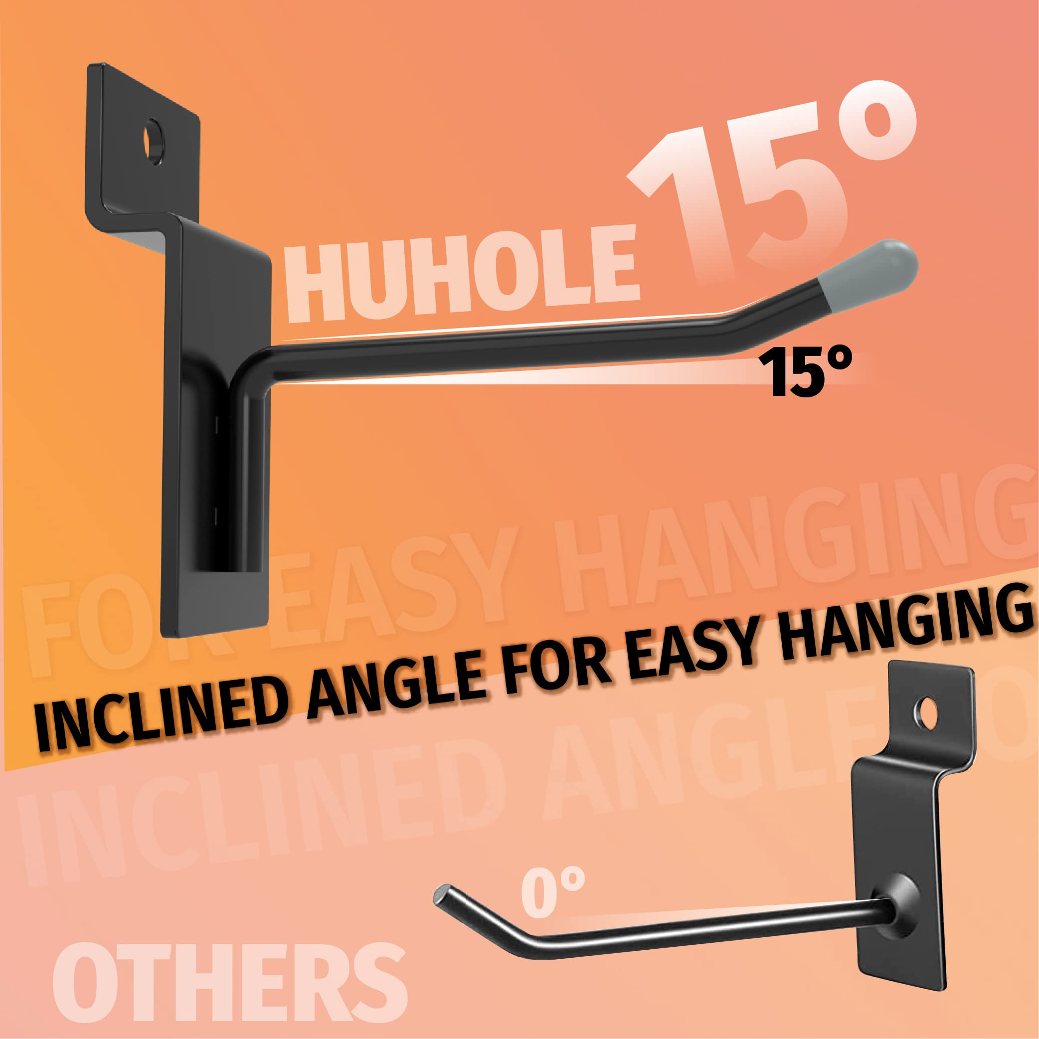 This image showcases a set of slatwall hooks with a 15-degree inclined angle, as indicated by the "Huhole 15°" text. 