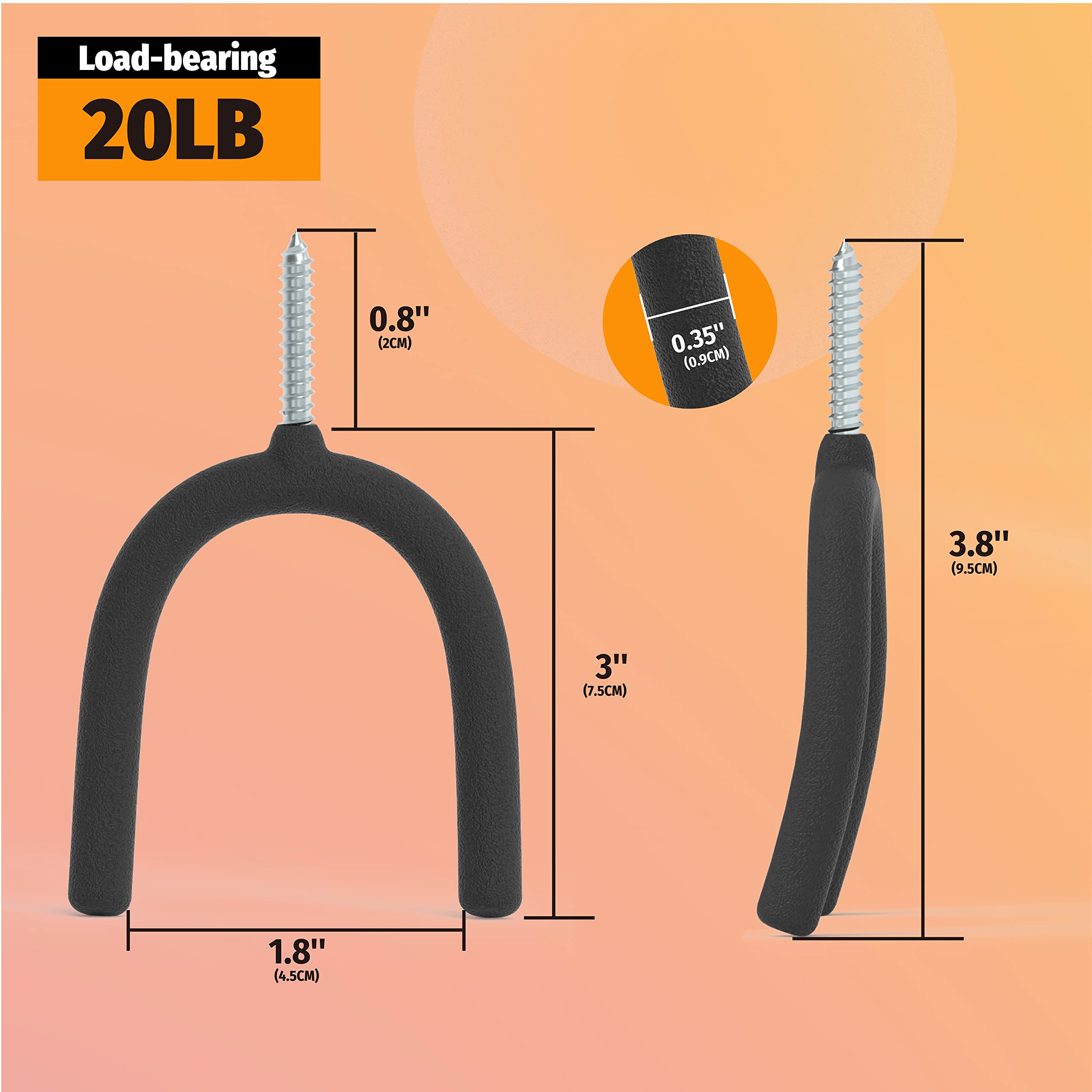 This image provides detailed specifications for Huhole's U-shaped hooks, emphasizing their 20-pound load-bearing capacity. The visual includes key measurements, such as the 3-inch overall length, 1.8-inch grip, and 0.8-inch shaft diameter. 