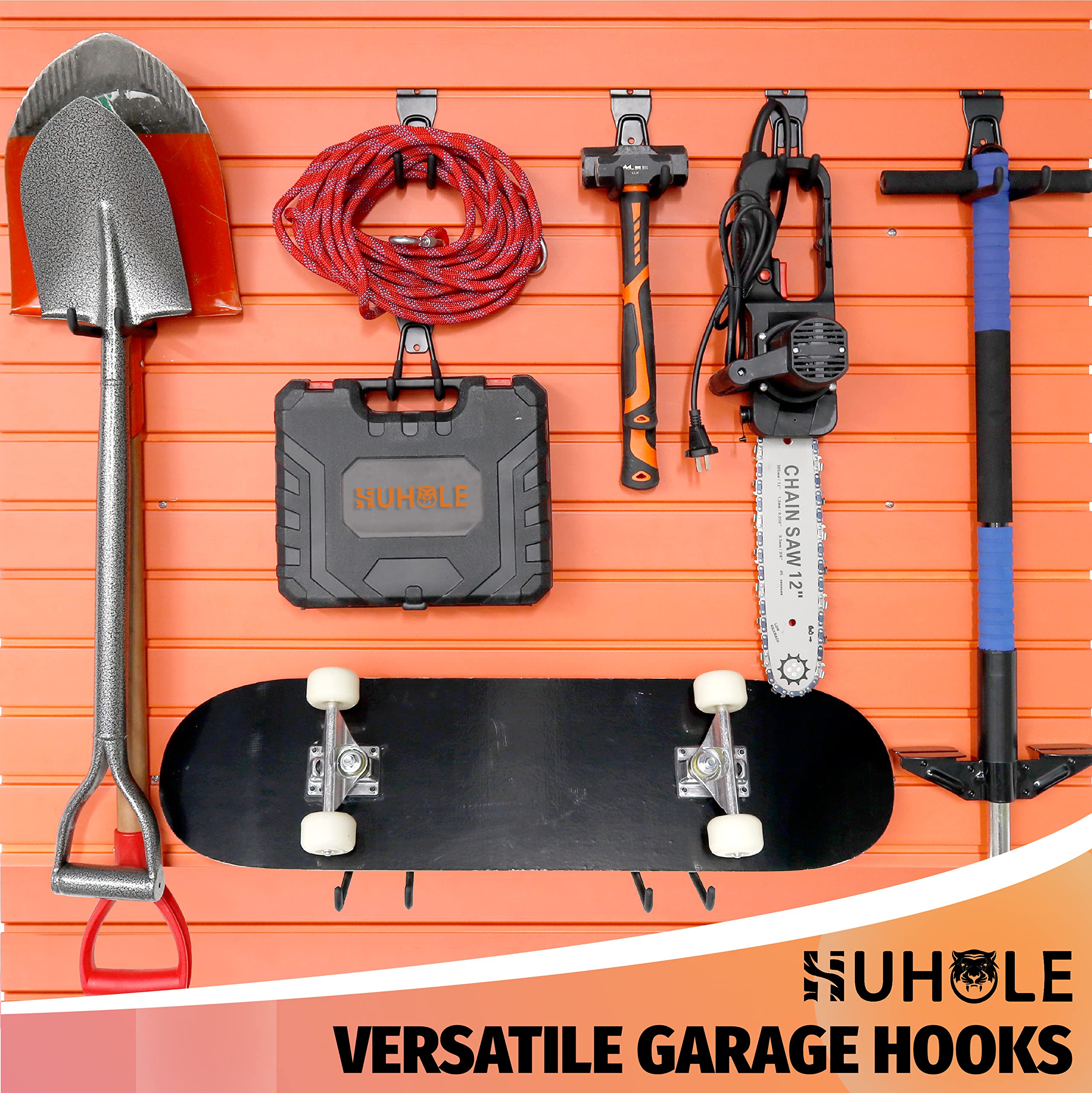 This image showcases the versatility of Huhole-style  hooks in organizing a wide range of items commonly found in a garage or workshop setting. The vibrant orange slatwall background provides an eye-catching and visually appealing backdrop.