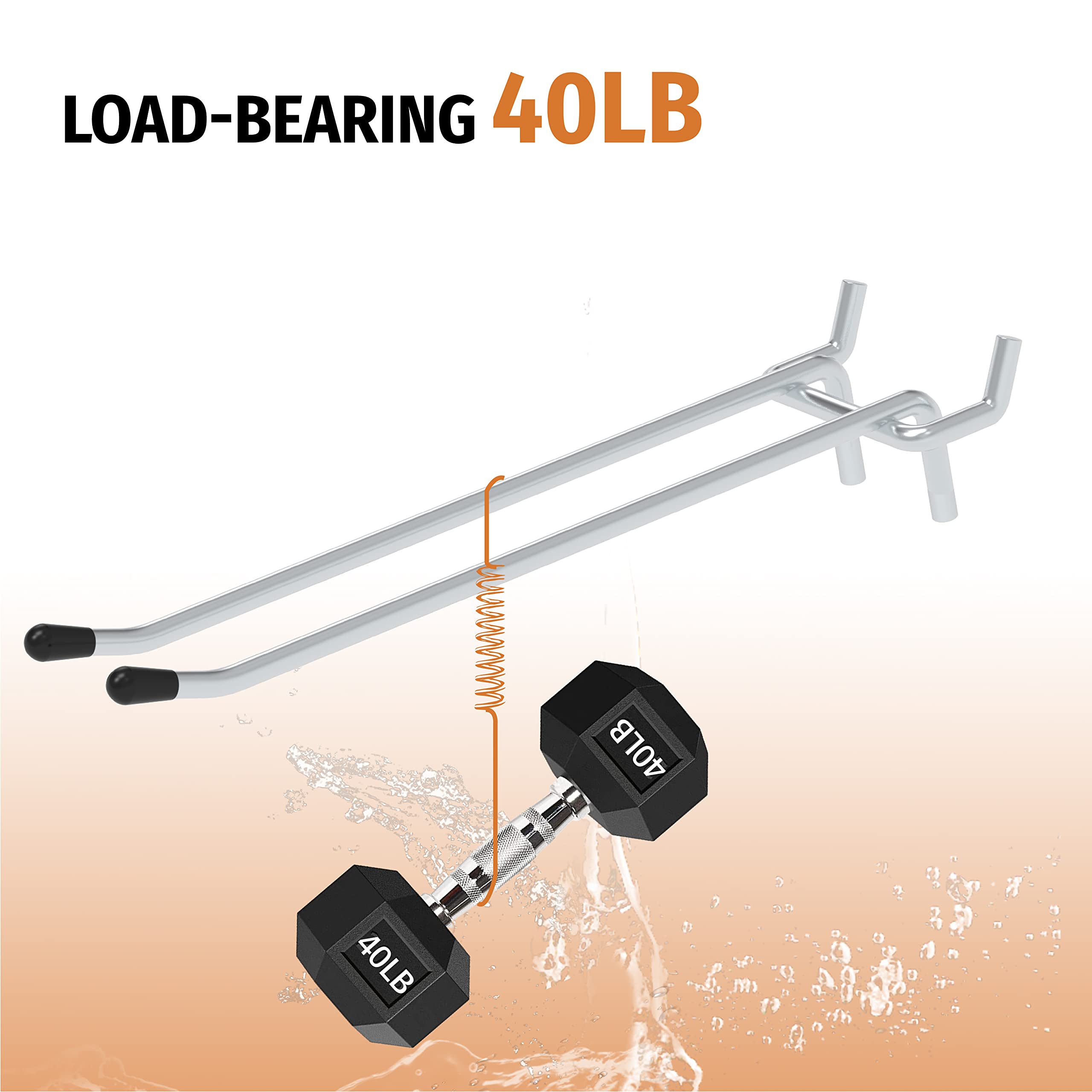 This image showcases the load-bearing capacity of Huhole's double-arm pegboard hooks, which are rated to support up to 40 pounds. The image depicts a set of weight plates on the end of the pegboard hooks, demonstrating their robust construction and ability to safely hold heavy loads. This highlights the sturdy and reliable nature of Huhole's pegboard storage solution.