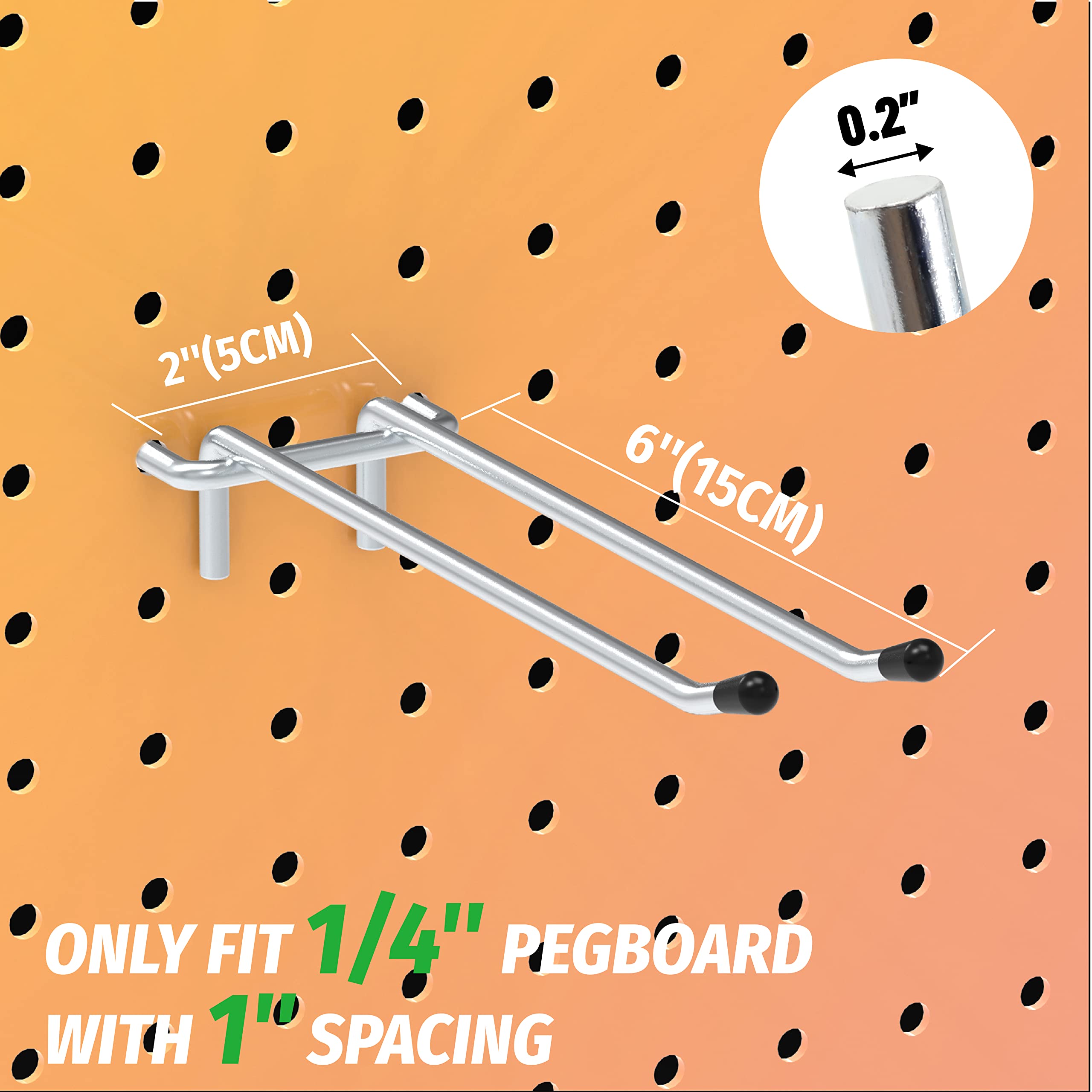 This image showcases the Huhole double-arm pegboard hooks and highlights that they are designed to fit standard 1/4" pegboard with 1" spacing. The image provides the specific dimensions - 2" (5cm) width and 6" (15cm) length - to demonstrate the hooks' compatibility with the common pegboard size and hole pattern. This information emphasizes the versatility and broad applicability of the Huhole pegboard storage solution.