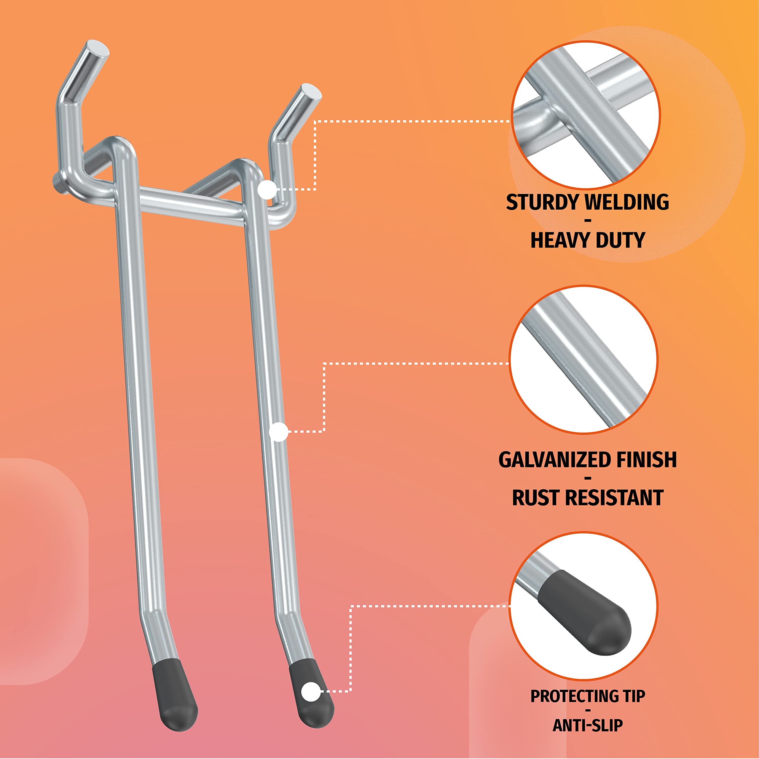 This image highlights the key features of Huhole's double-arm pegboard hooks, including their sturdy welding for heavy-duty support, galvanized finish for rust resistance, and protective tip to prevent slipping. The close-up view and annotated details emphasize the high-quality construction and durable design of these pegboard storage solutions, making them suitable for organizing tools and equipment in a garage or workshop environment.