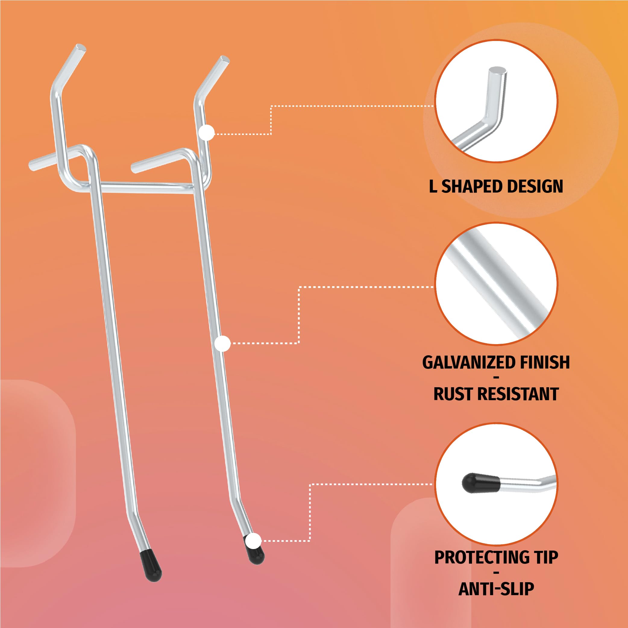 This image highlights several key features of the Huhole pegboard system, including:  The L-shaped design of the pegboard accessories, which provides stability and secure positioning. The galvanized finish, which makes the system rust-resistant and durable. The protecting tip on the accessories, which helps prevent slipping and adds an anti-slip feature.