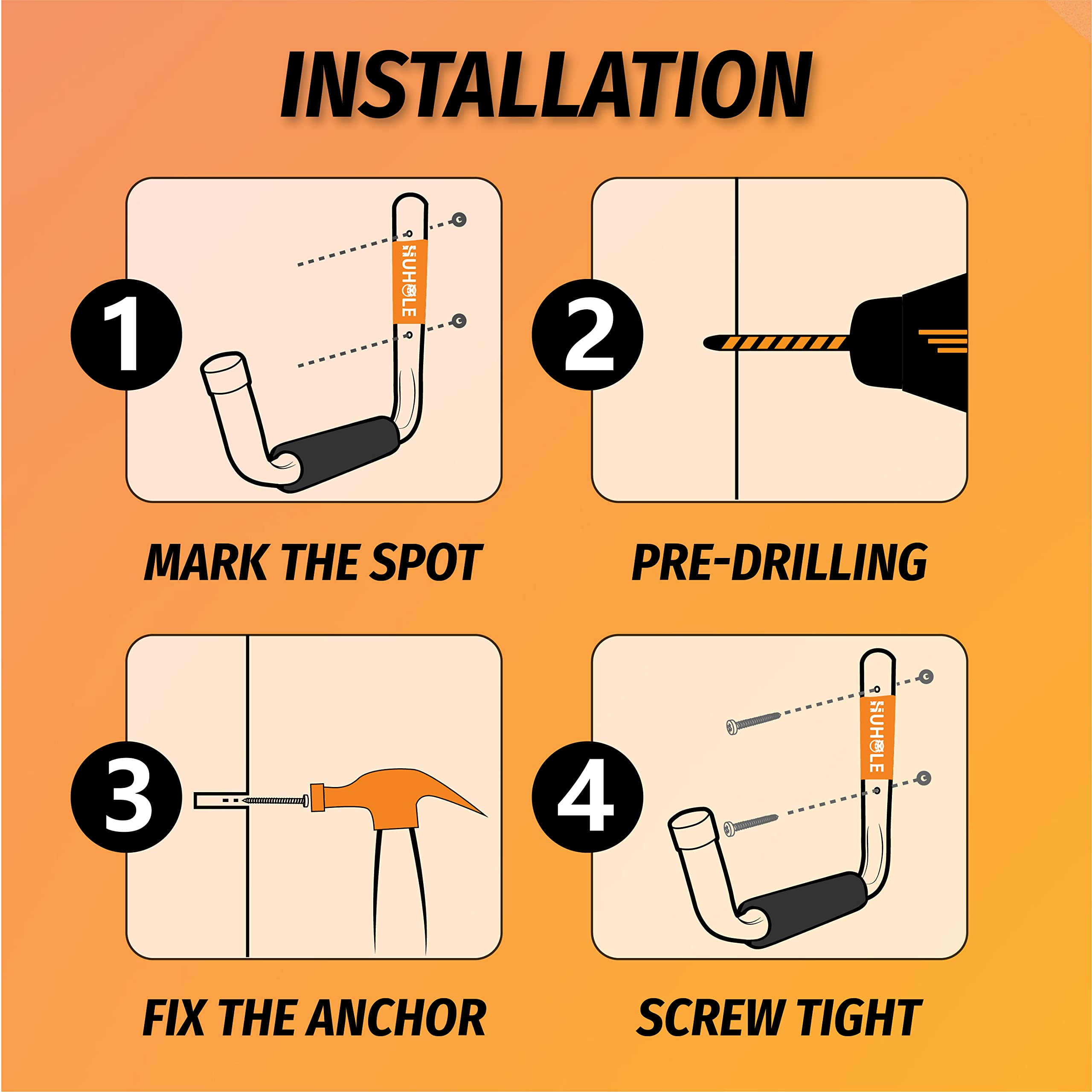 This image provides step-by-step installation instructions for Huhole's L-shaped garage hooks.